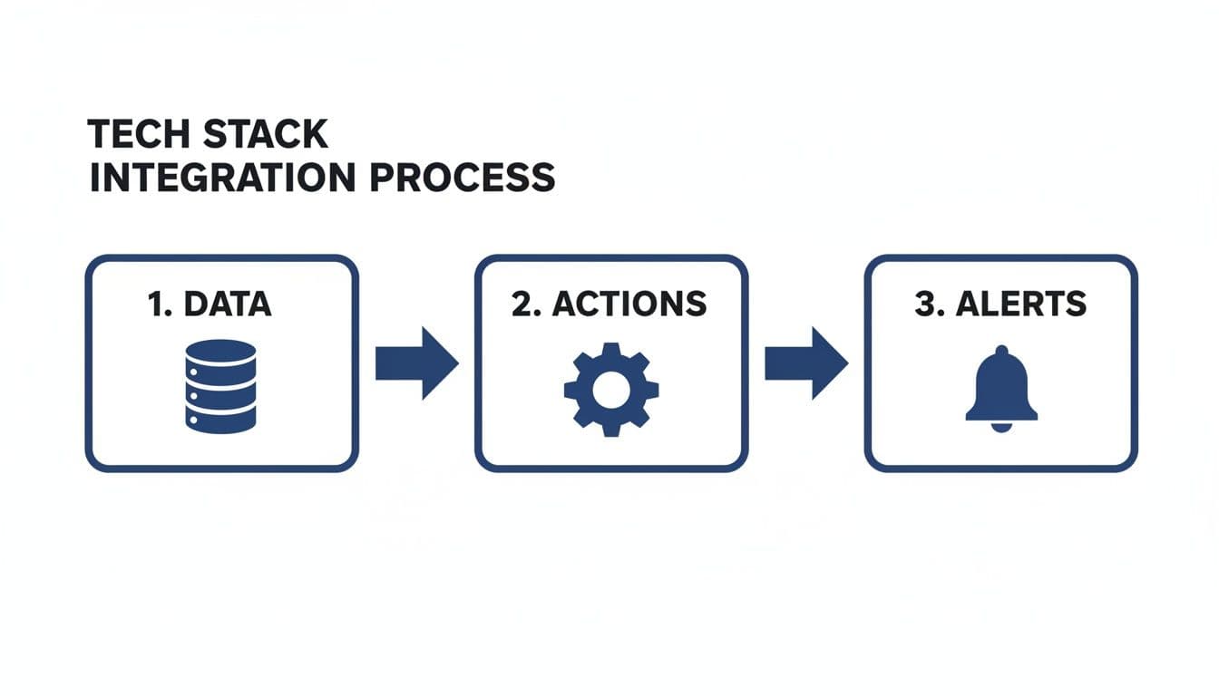 A flowchart illustrating the tech stack integration process, showing steps from data to actions and alerts.