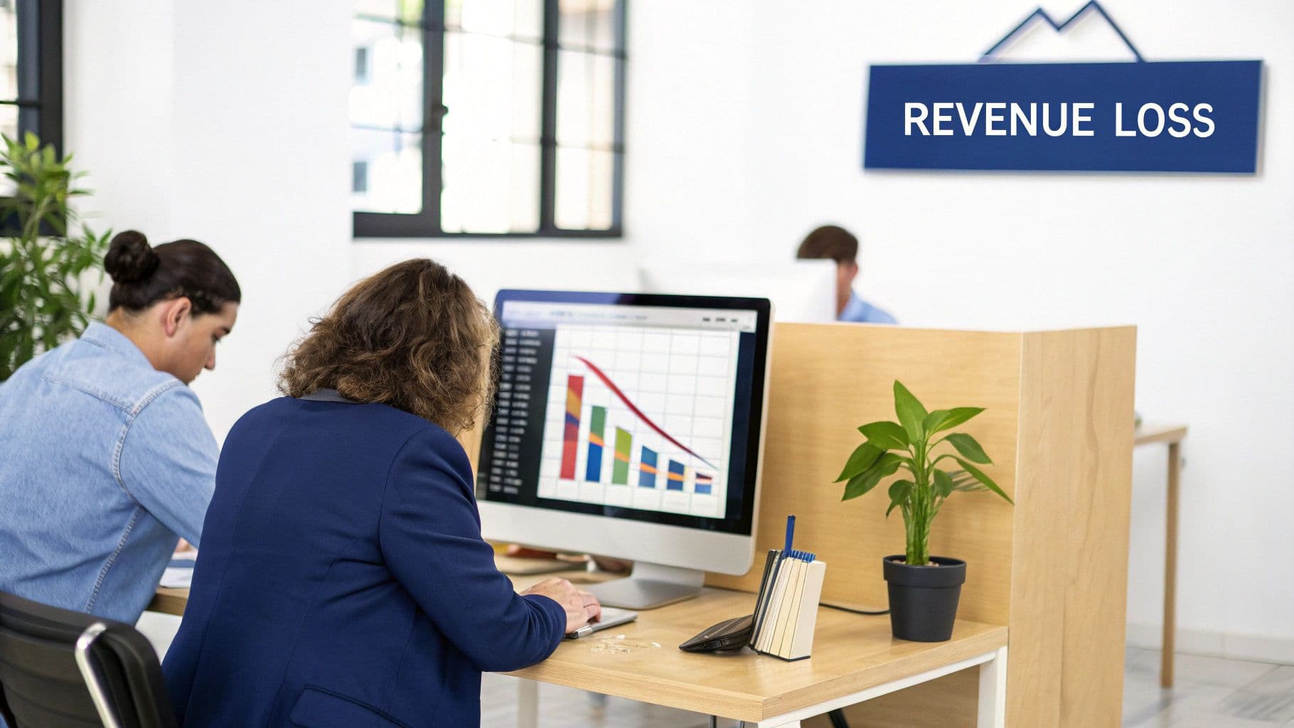 Office workers analyzing a computer screen showing declining revenue with a 'REVENUE LOSS' sign.