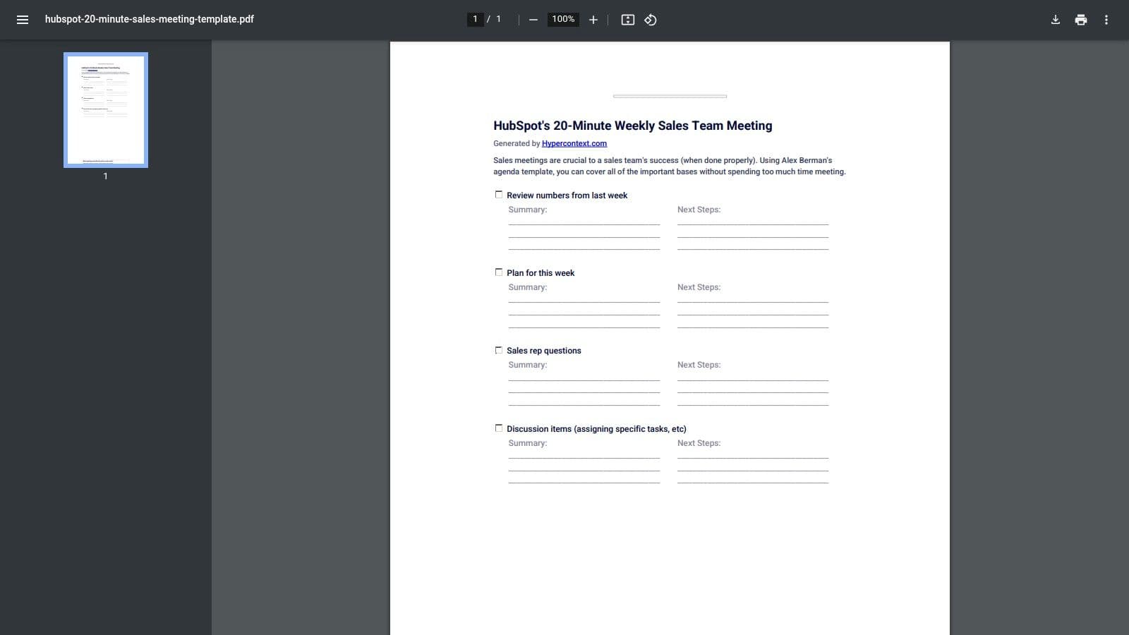 A one-page sales meeting agenda template from Hypercontext showing sections for review, planning, and questions.