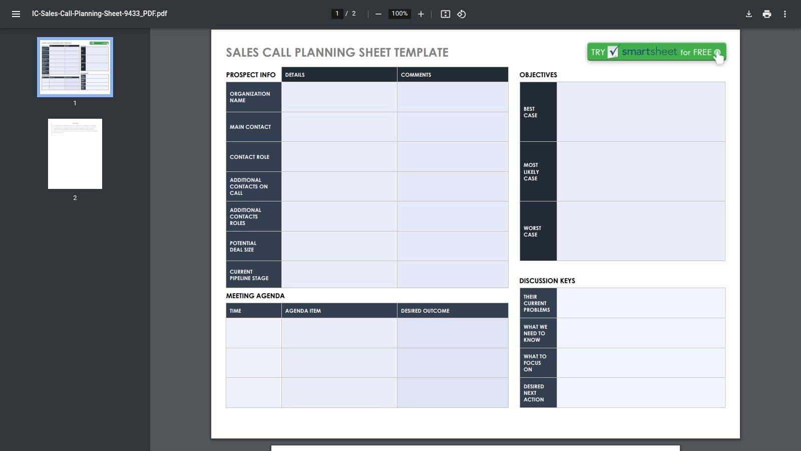 Smartsheet's printable sales call planning sheet with sections for agenda, objectives, and prospect info.