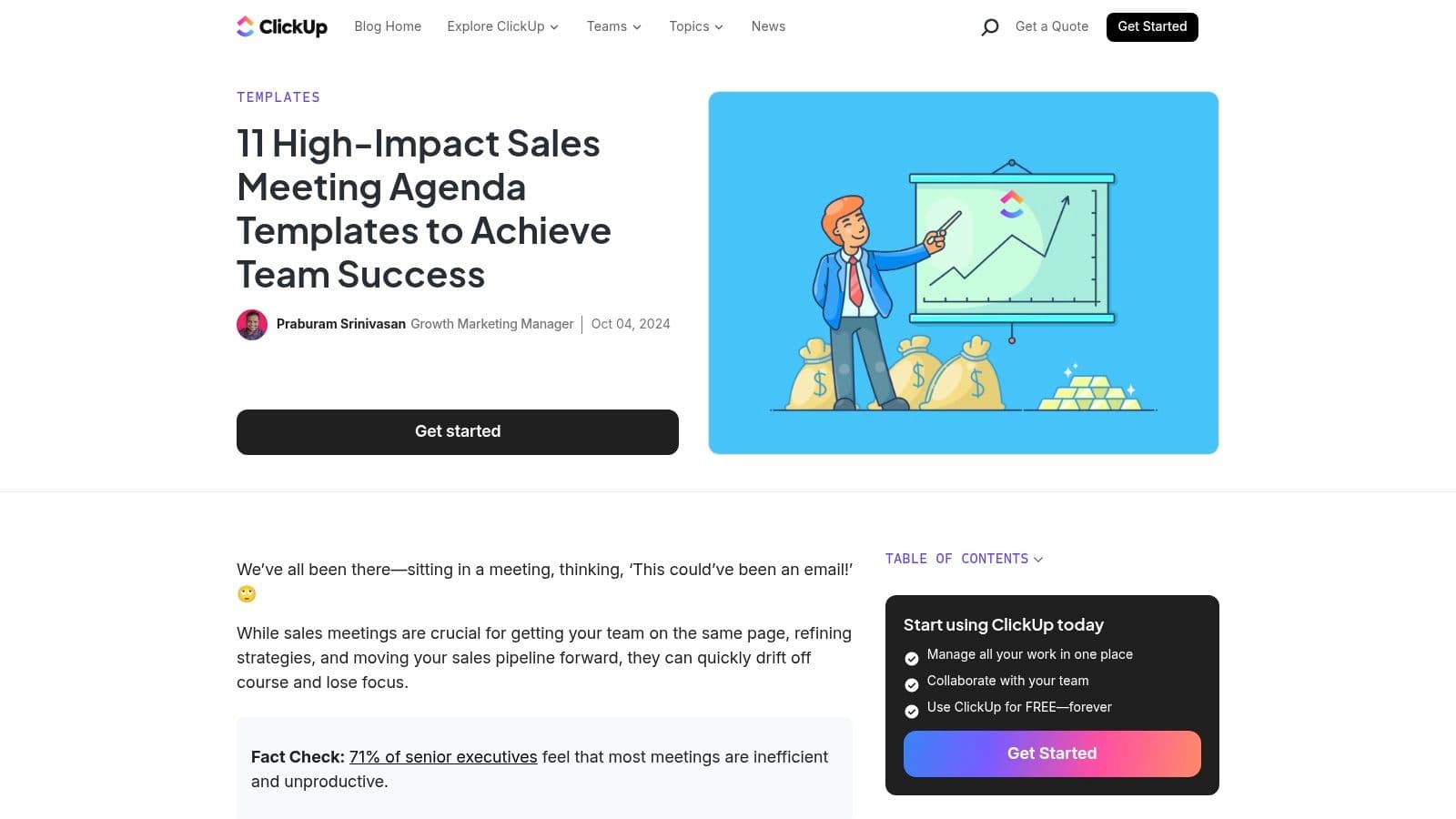 ClickUp's blog post showing a list of sales meeting agenda templates with descriptions.