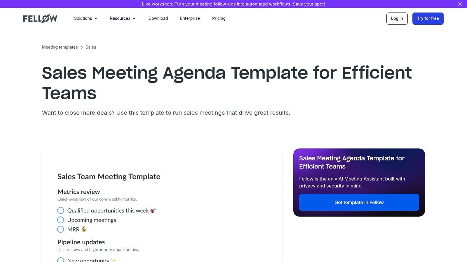 Fellow's sales meeting agenda template interface showing collaborative notes and agenda sections.
