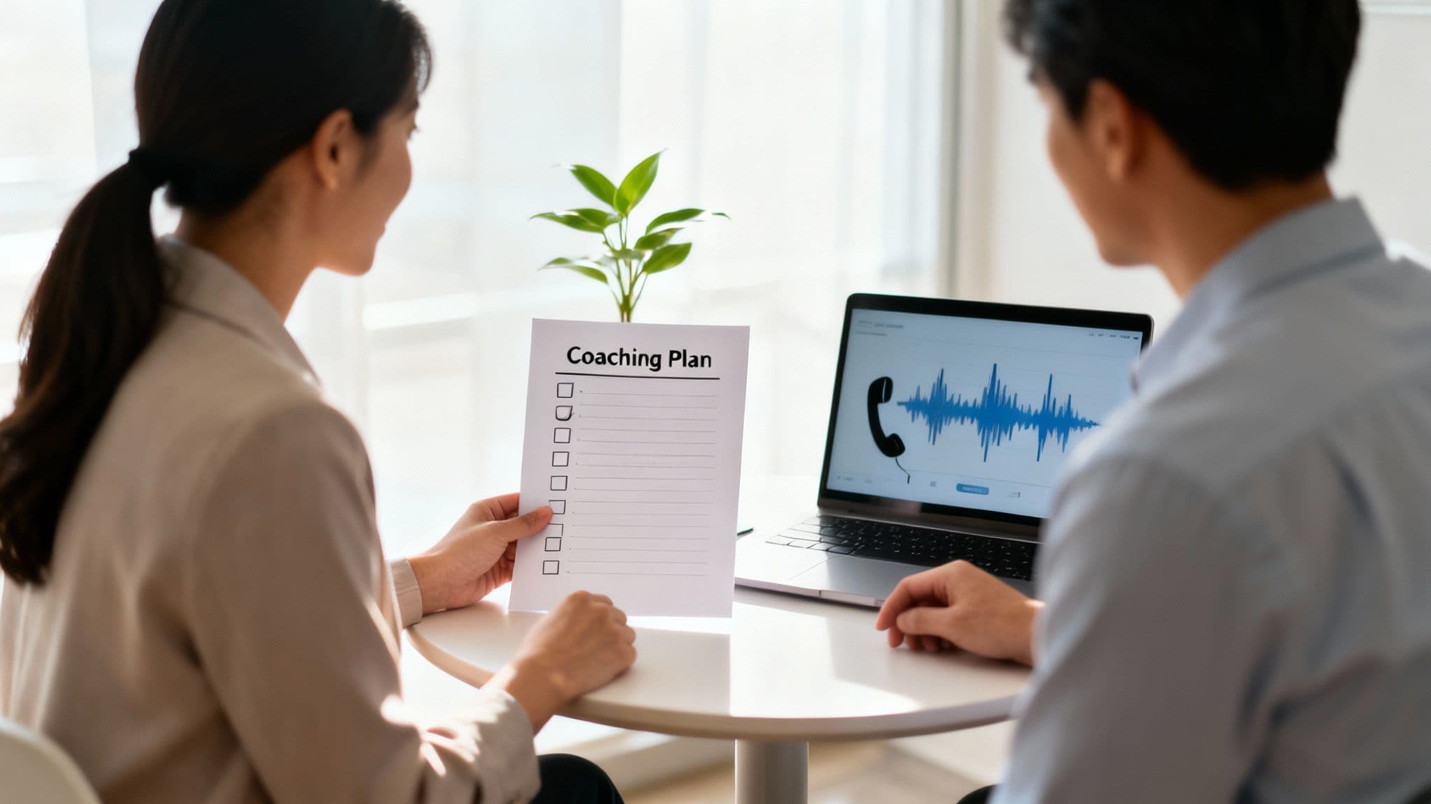 Two people discuss a coaching plan, with one holding a checklist and the other analyzing audio on a laptop.