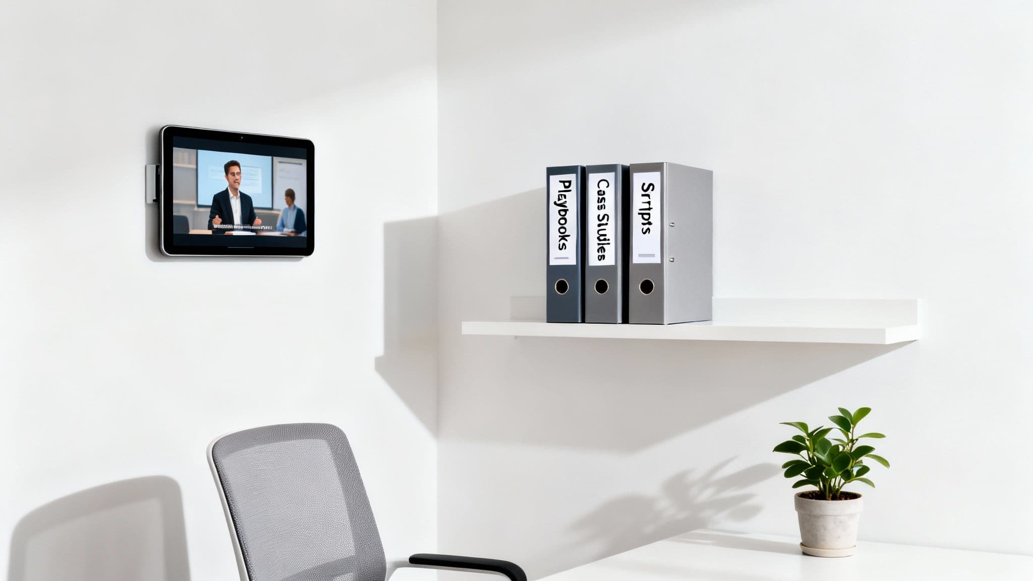 Modern office corner with a tablet displaying a video call and organized binders on a shelf.