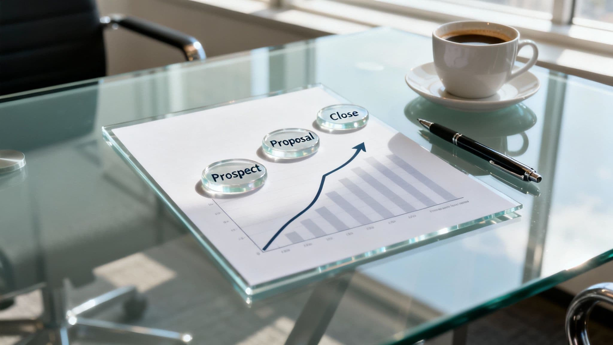 A sales process chart showing prospect, proposal, and close leading to an upward trend on a glass desk with coffee and pen.
