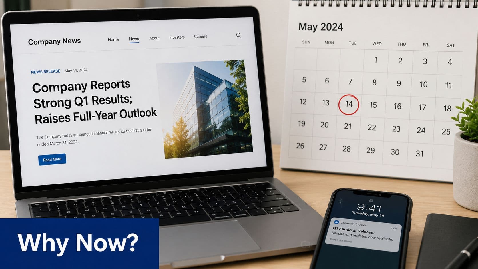 A laptop, phone, and calendar showing a Q1 earnings release announcement on May 14, 2024.