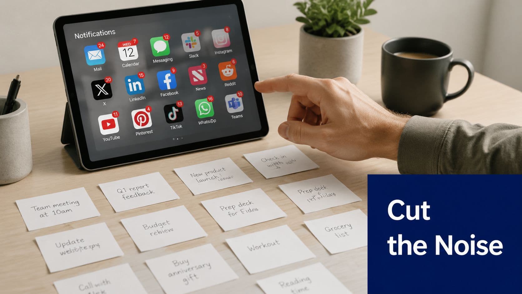A person organizing task notes while a tablet displays many distracting app notification badges on screen.