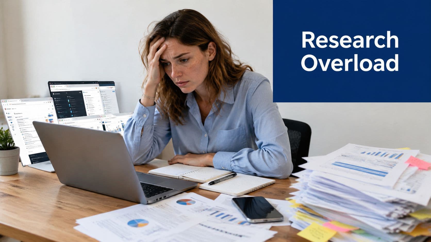 A stressed woman working at her laptop while surrounded by piles of documents and digital charts.
