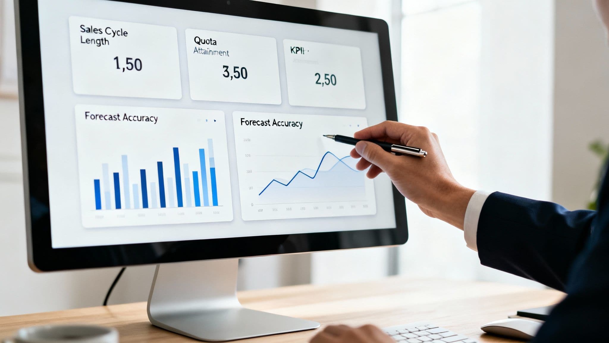 A person points at a computer screen displaying a sales performance dashboard with charts and metrics.