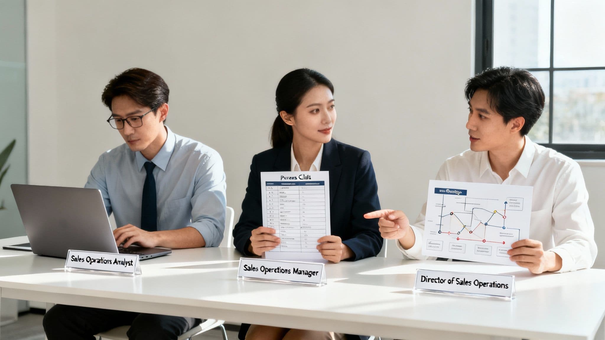 Sales Operations Analyst, Manager, and Director discuss data and strategies in a professional meeting.