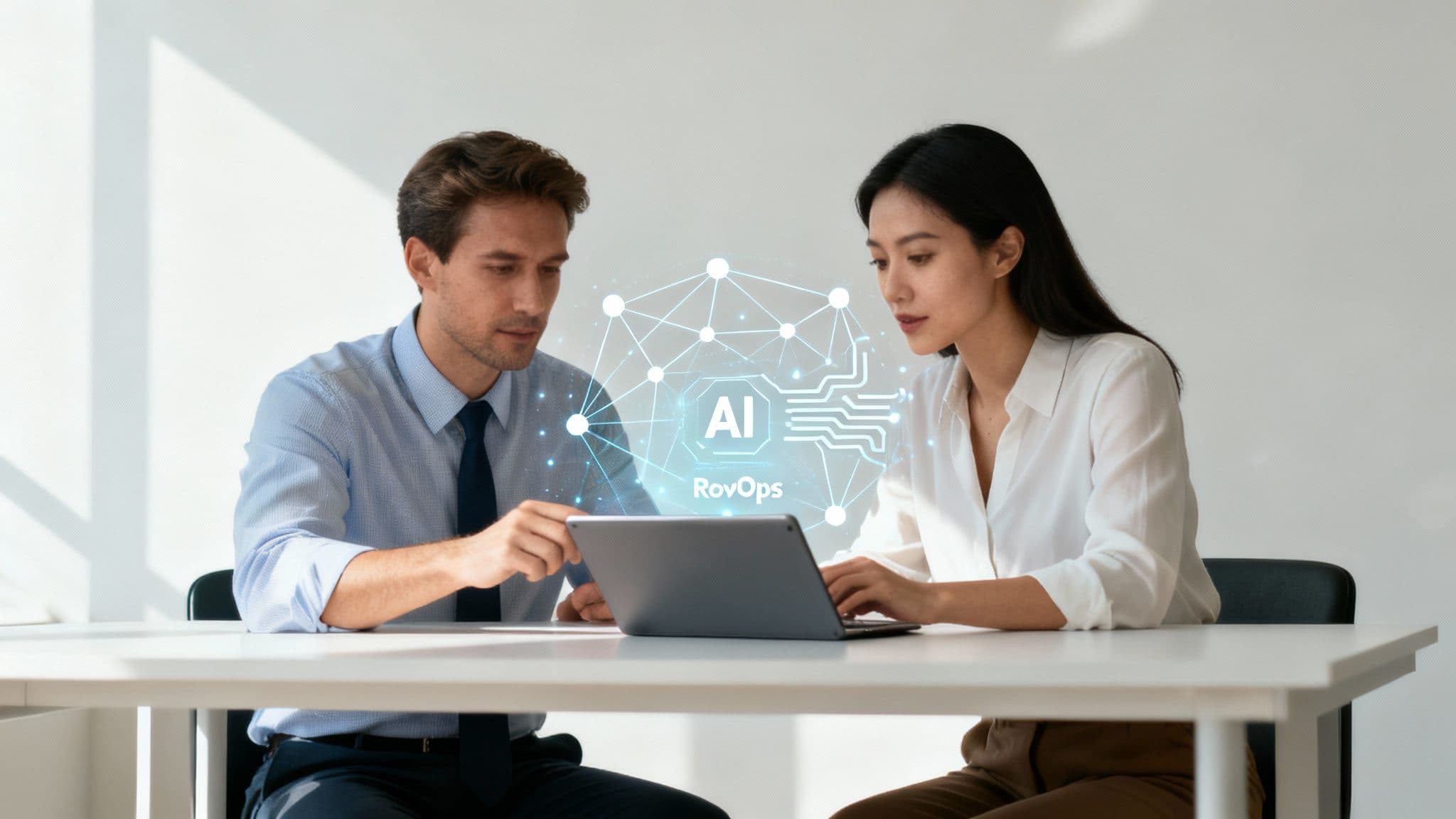 A professional working with AI-driven charts and RevOps data on a futuristic computer interface.