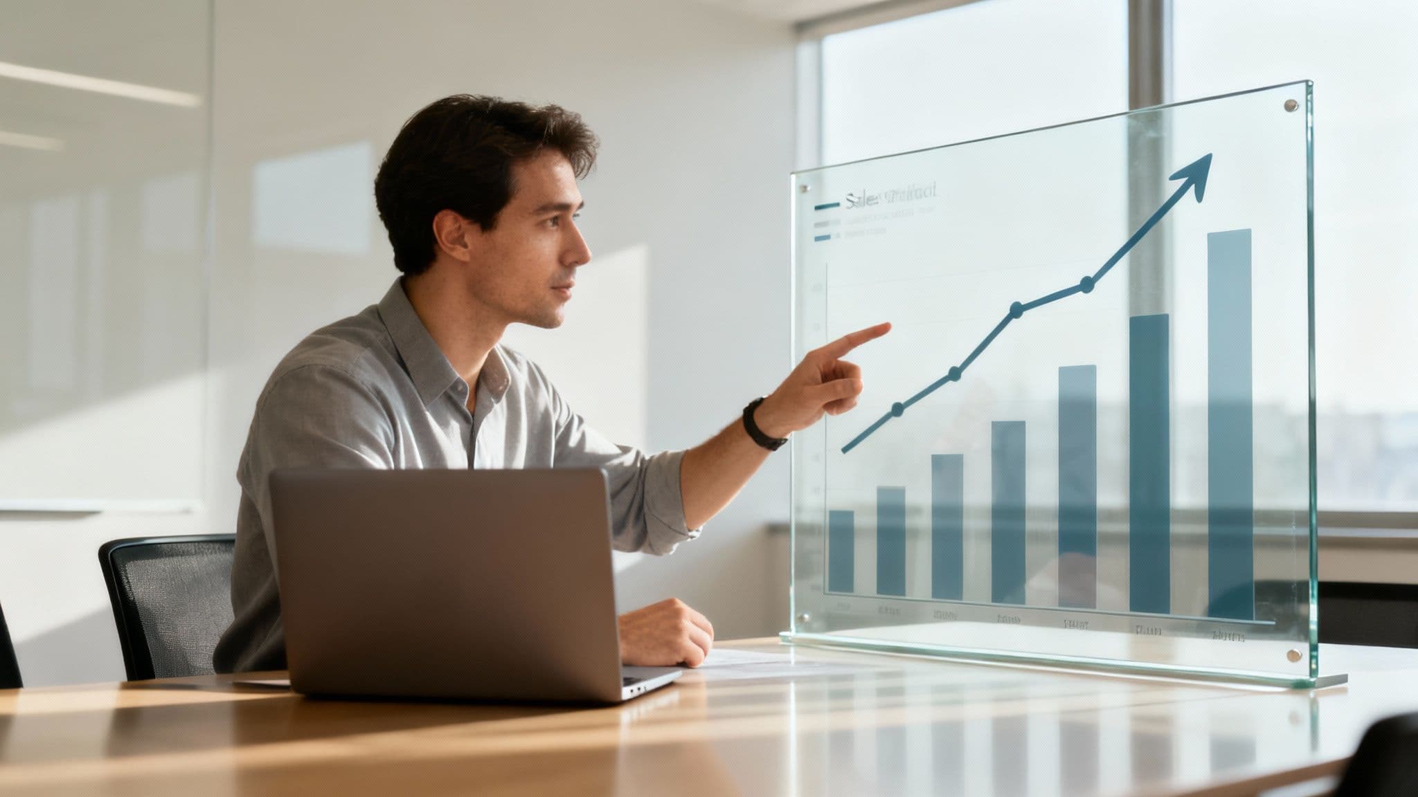 A professional analyzing sales forecasting charts and data on a computer screen.