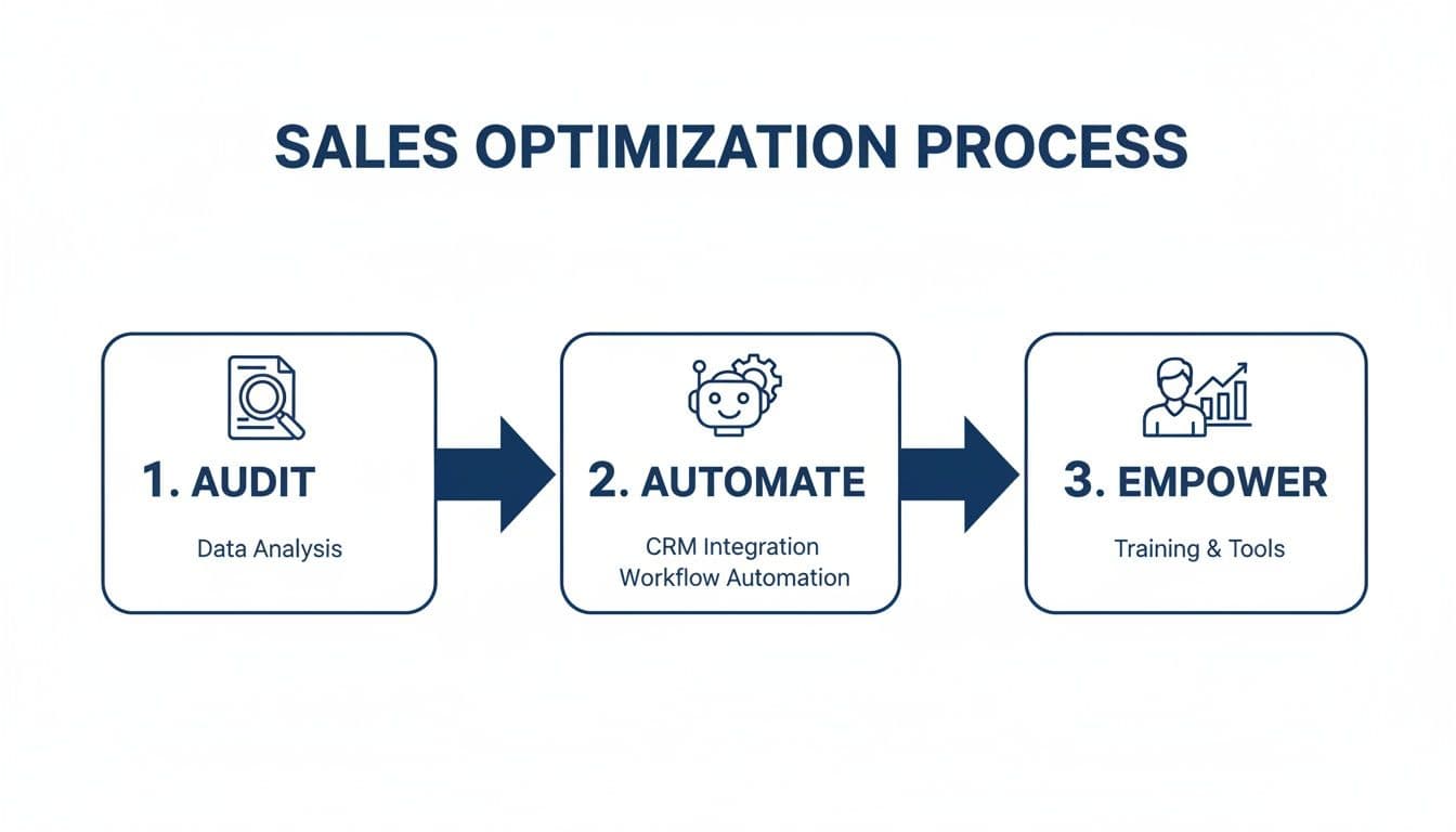 Diagram illustrating a three-step sales optimization process: Audit, Automate, and Empower, with descriptions.
