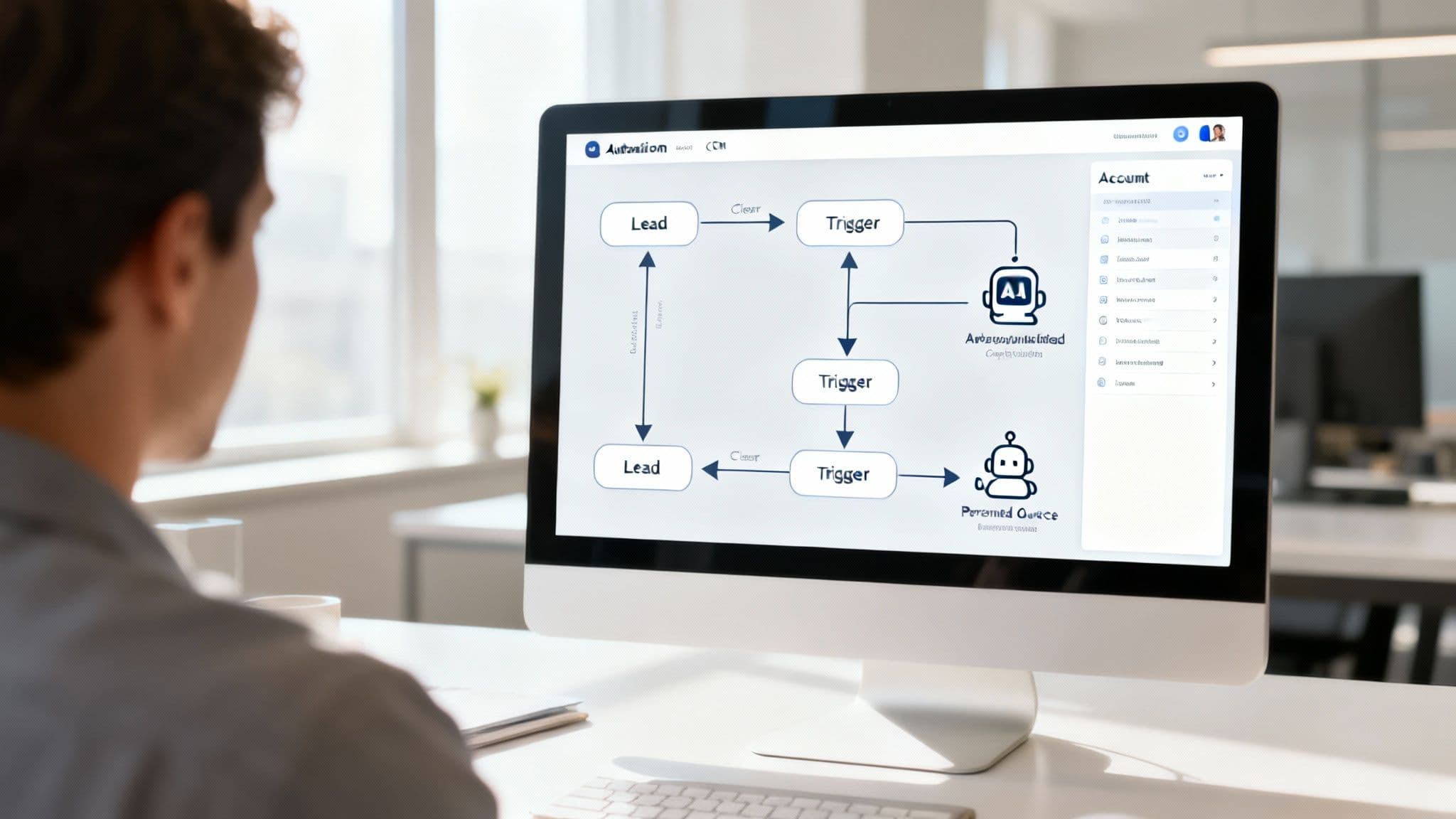 Person viewing a computer screen displaying an automation workflow with leads, triggers, AI, and a bot icon.