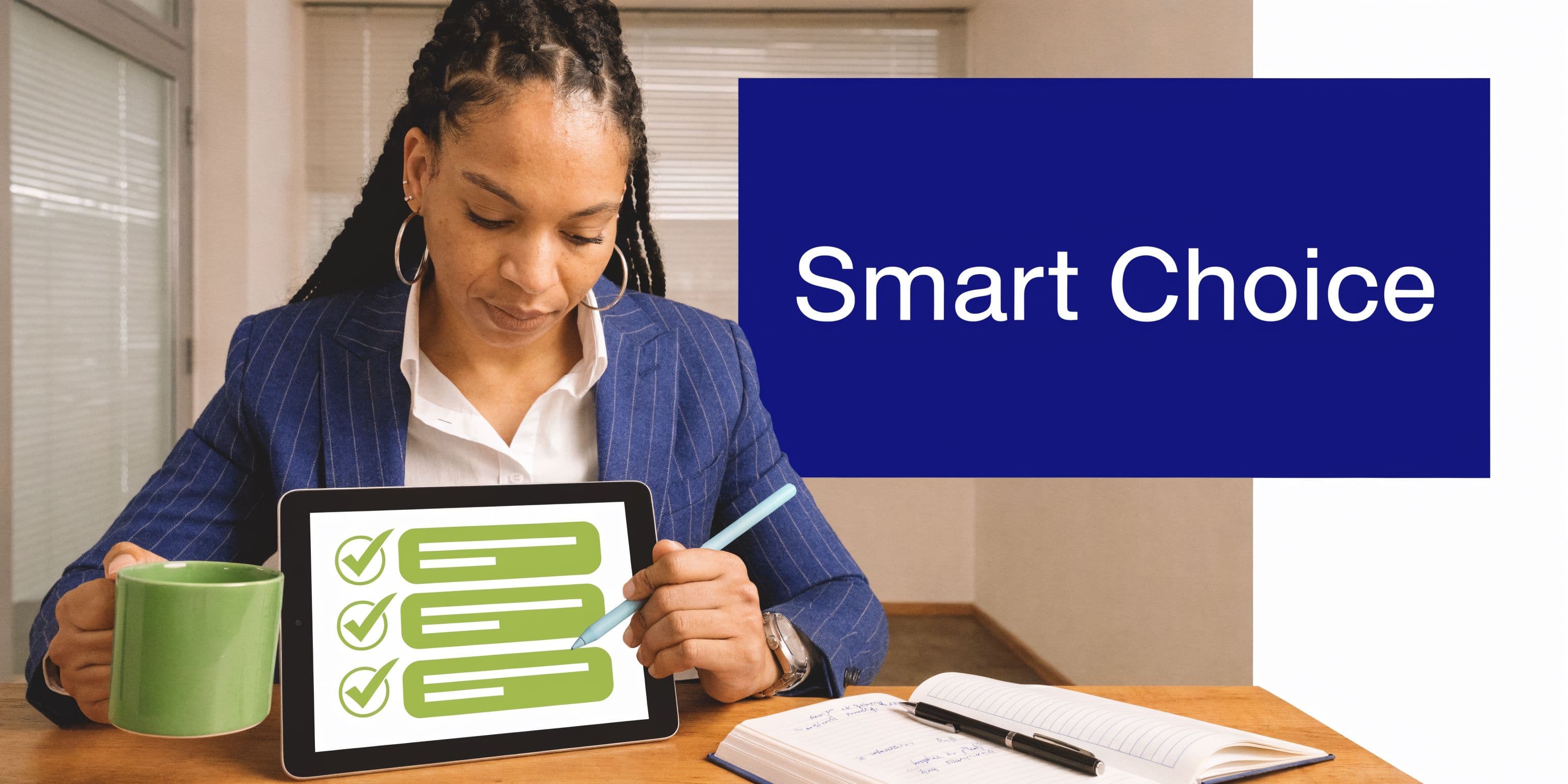 A professional woman in a suit using a tablet to select items on a digital checklist