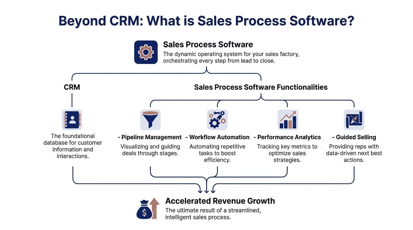 A diagram explaining the role of sales process software, CRM, and key functionalities in driving revenue growth.