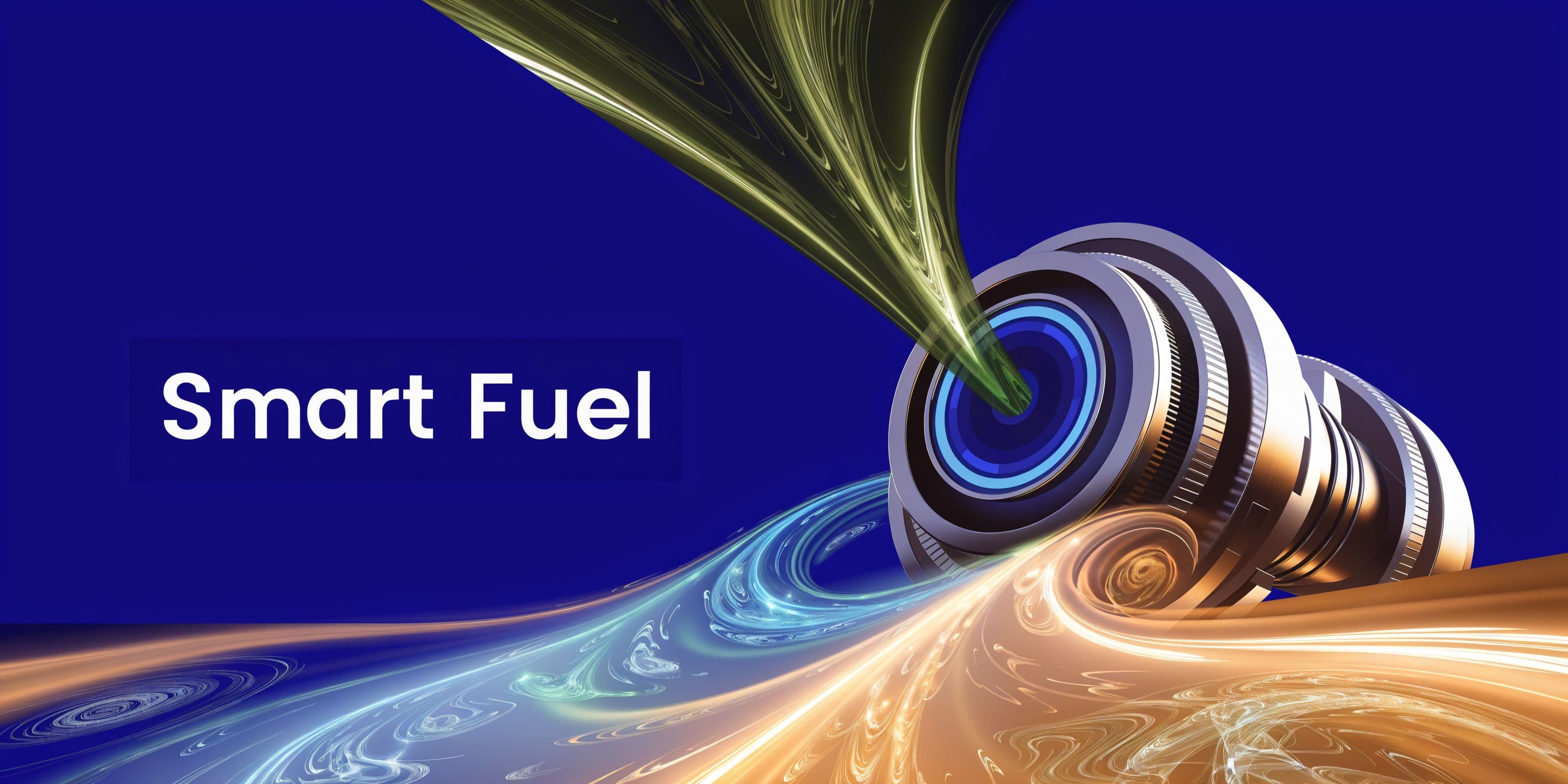 A conceptual 3D graphic showing a futuristic engine component with flowing energy streams labeled Smart Fuel.