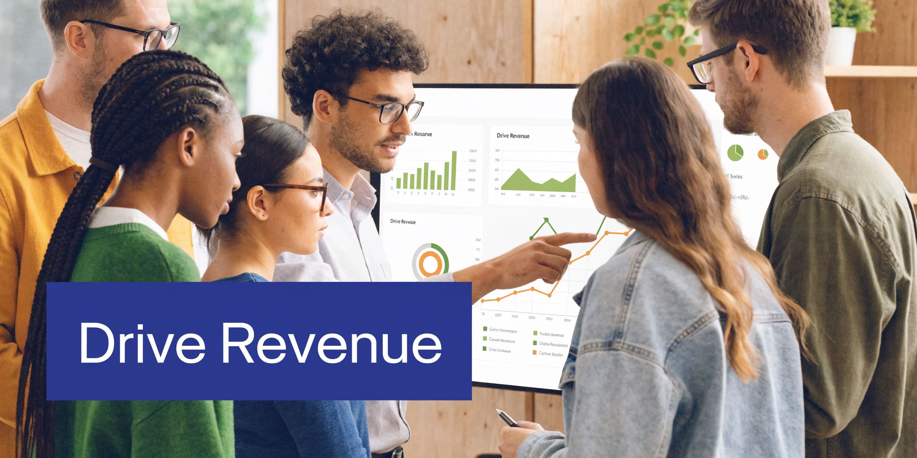 A diverse team of professionals collaboratively analyzing sales data on a digital screen in a modern office.