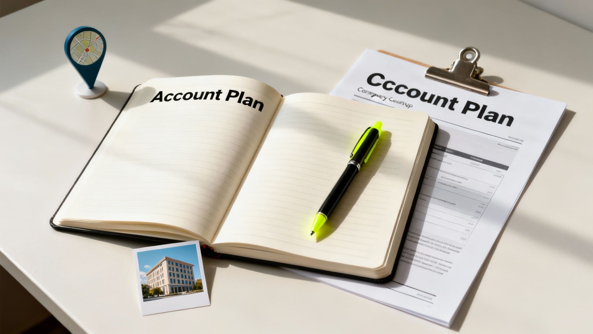 Desk with open notebook, 'Account Plan' document, pen, map pin, and building photo.