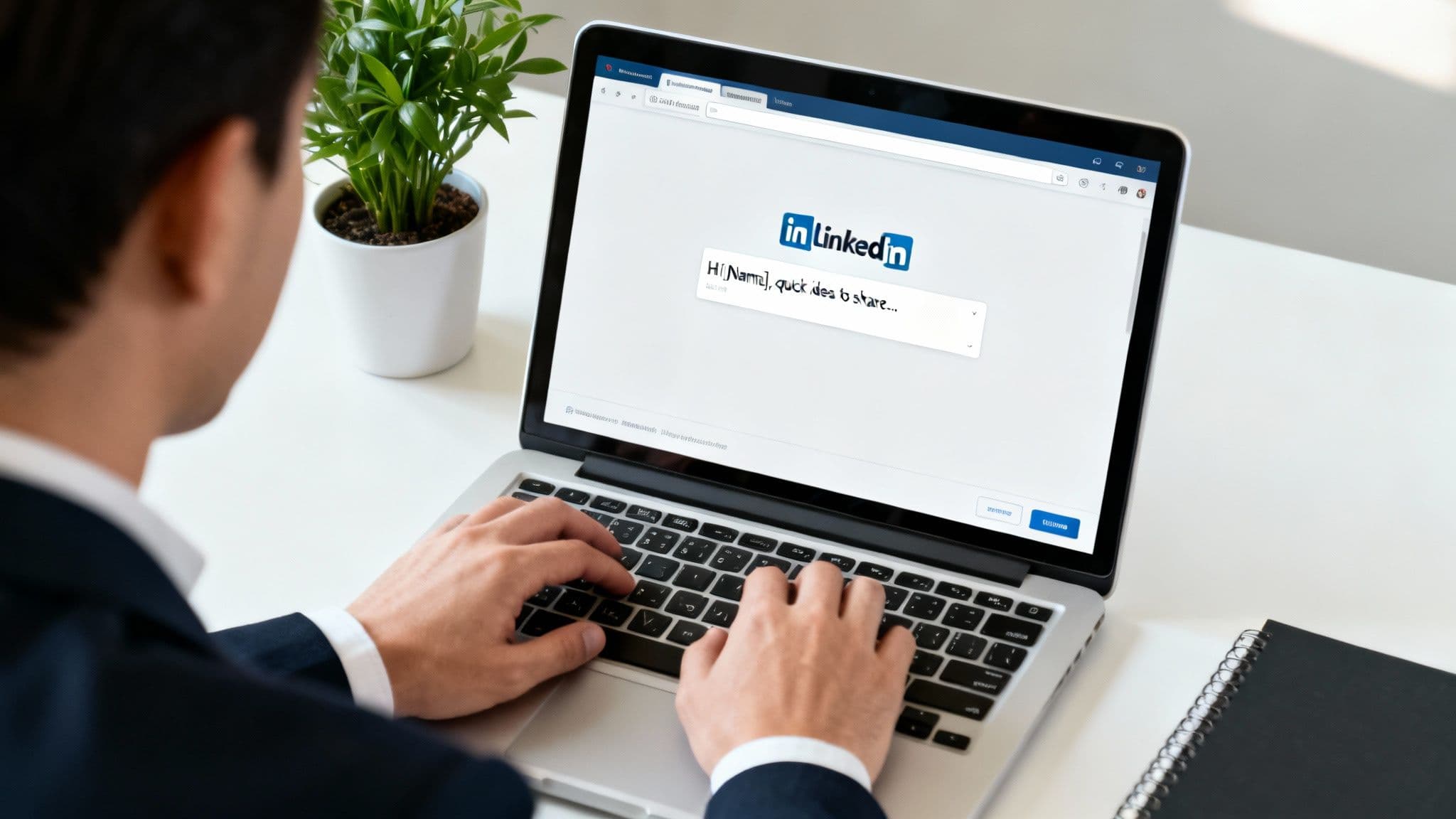 A man in a suit typing on a laptop, composing a message on LinkedIn on a white desk.