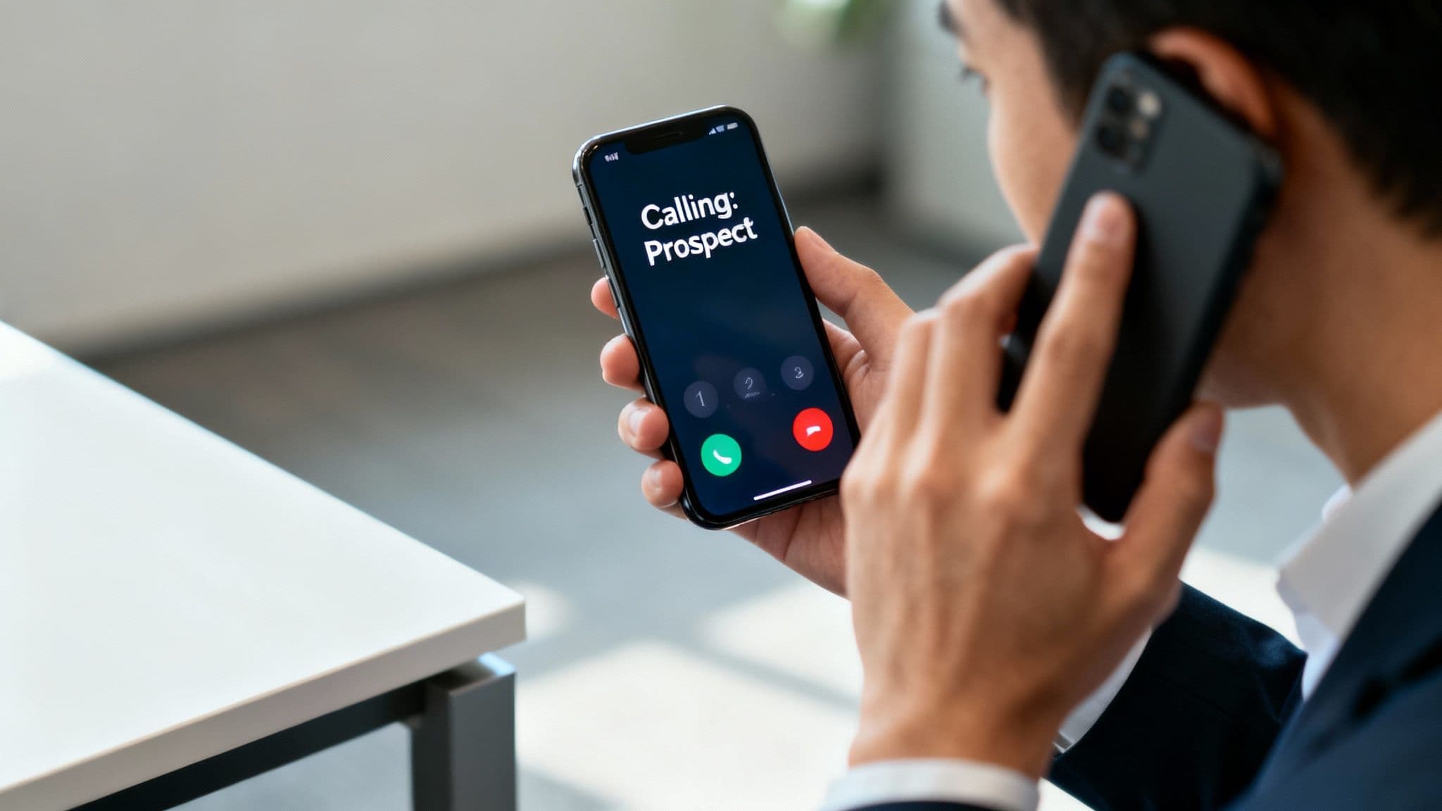 A person holds a smartphone to their ear, making a call to a prospect, screen shows 'Calling: Prospect'.