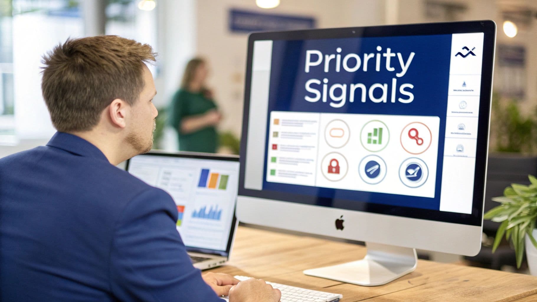 A man in a blue blazer works on a desktop computer and laptop, analyzing data in an office.
