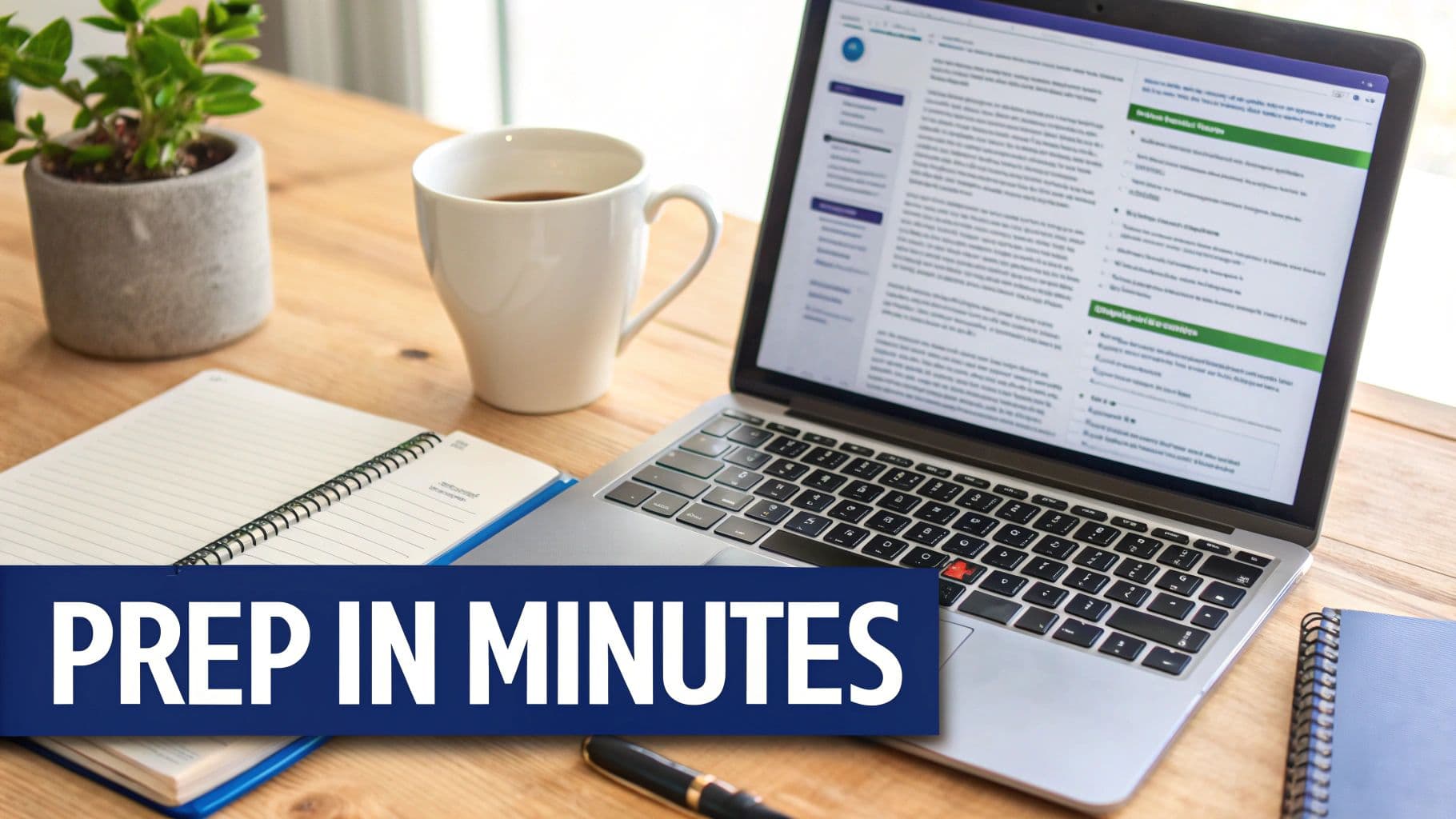 A desk setup featuring a laptop displaying a document, a coffee cup, a plant, and notebooks, with a 'PREP IN MINUTES' banner.
