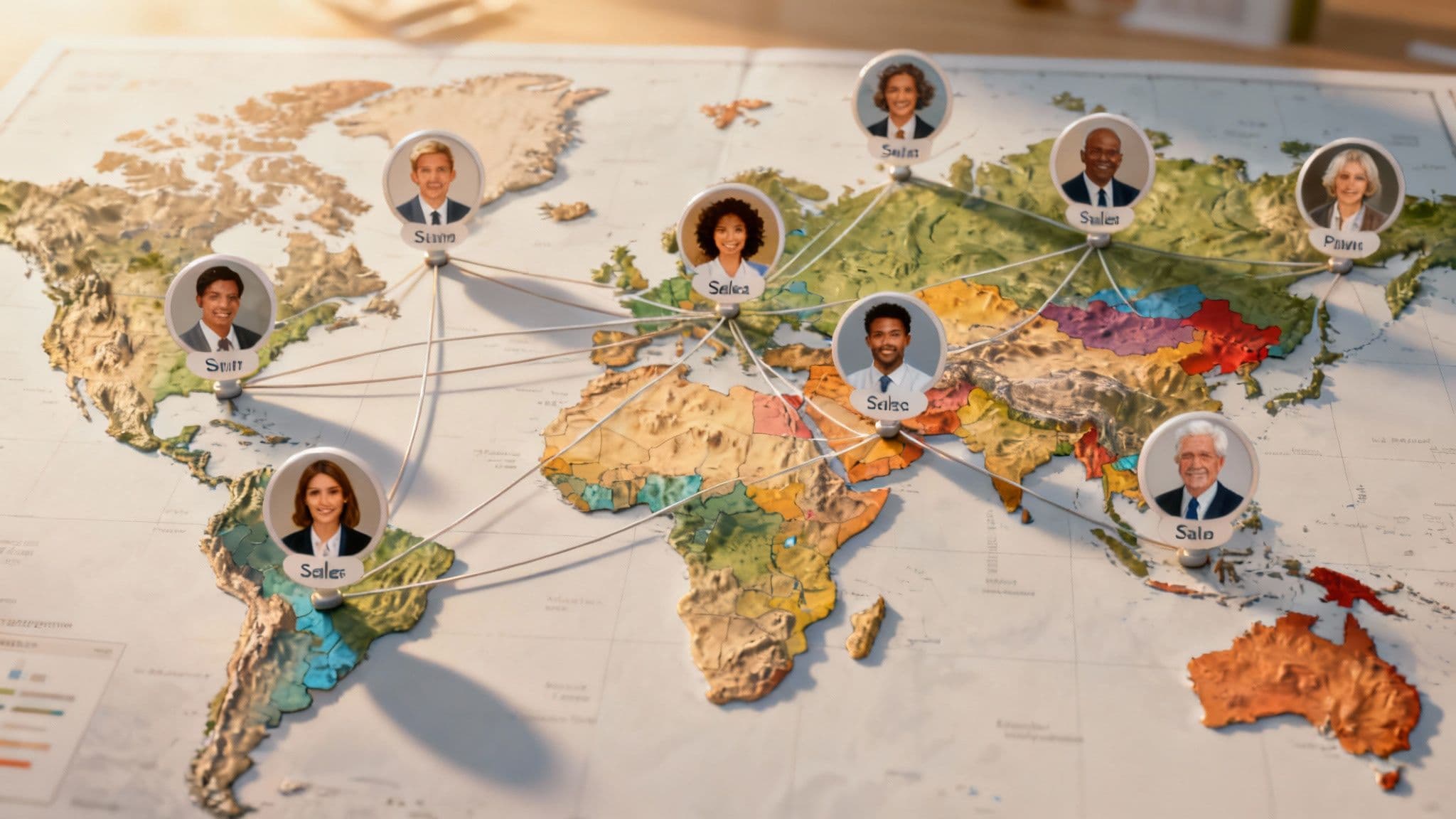 A sales manager and a sales rep collaborating over a tablet displaying a map with customer data points.