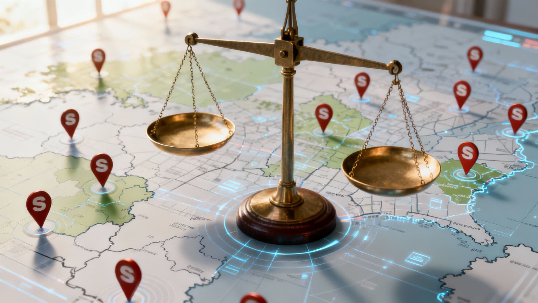 A digital map on a tablet showing balanced sales territories with different color-coded zones.