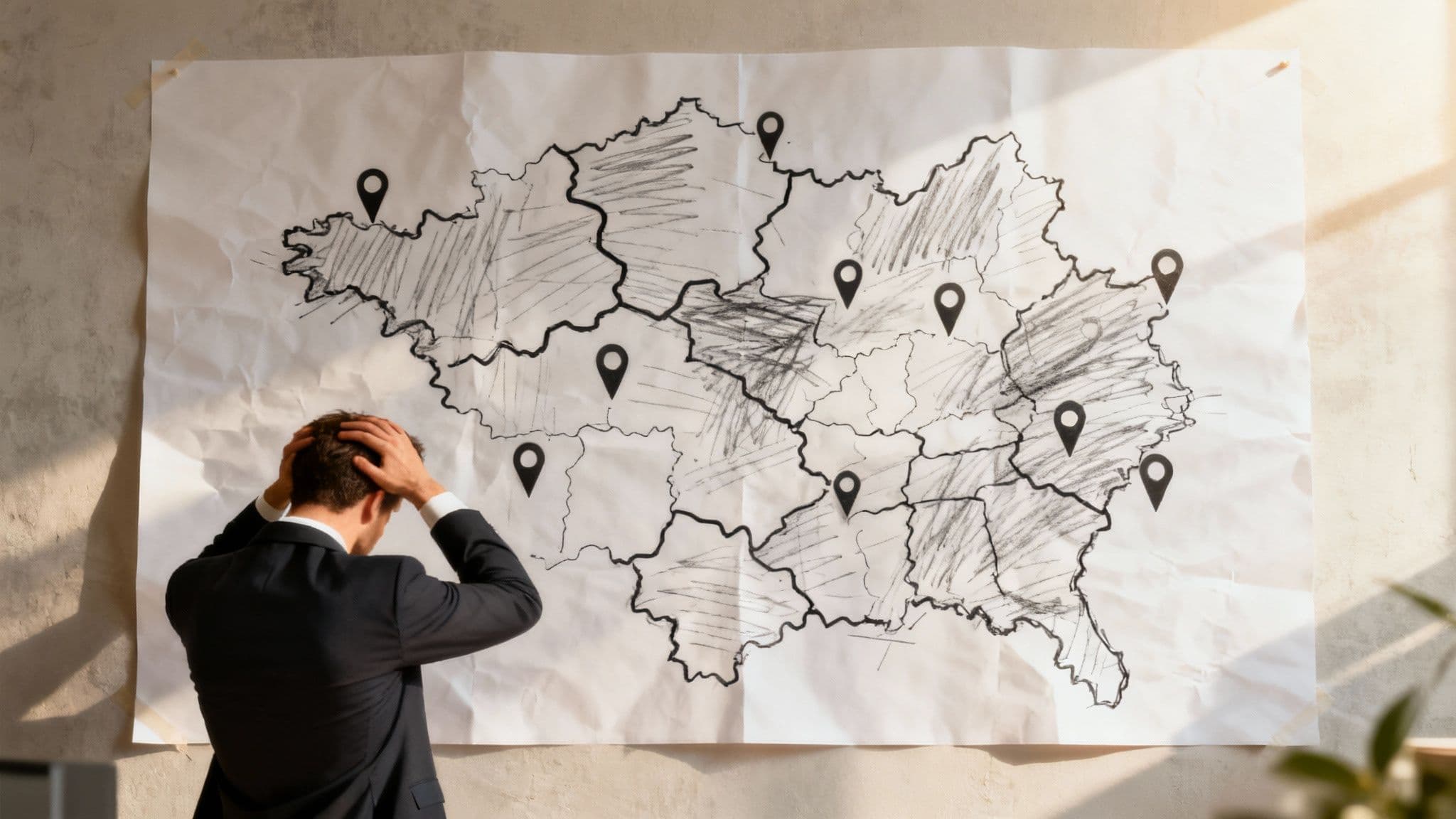 A person looking at a digital map with pins and data overlays, representing strategic territory planning.
