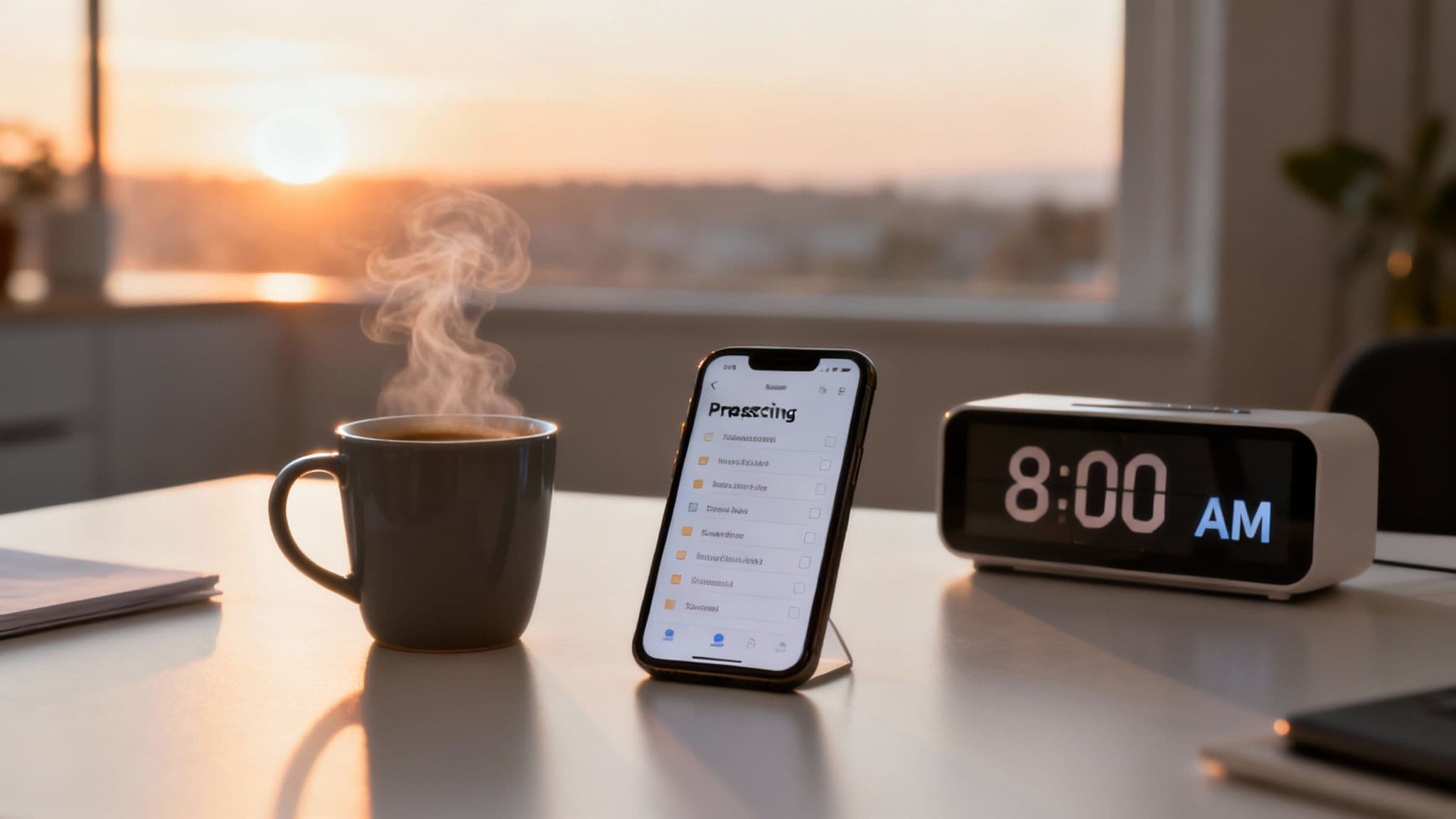 A sales representative is focused and energetic, sitting at their desk in the early morning with a headset on, actively making calls while reviewing a prospect list on their computer screen.