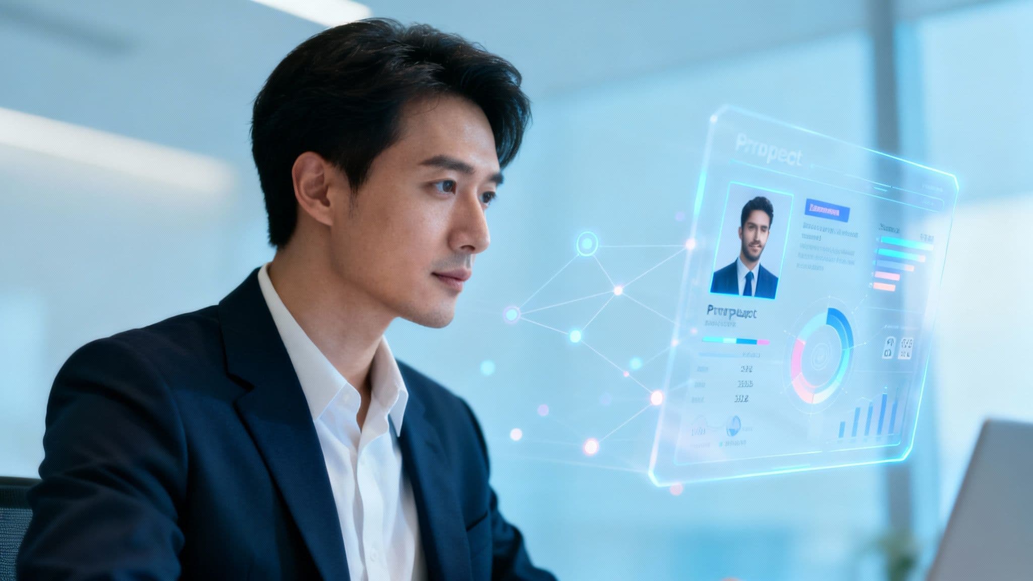 An Asian businessman looks intently at a futuristic holographic display showing a sales prospect's profile.