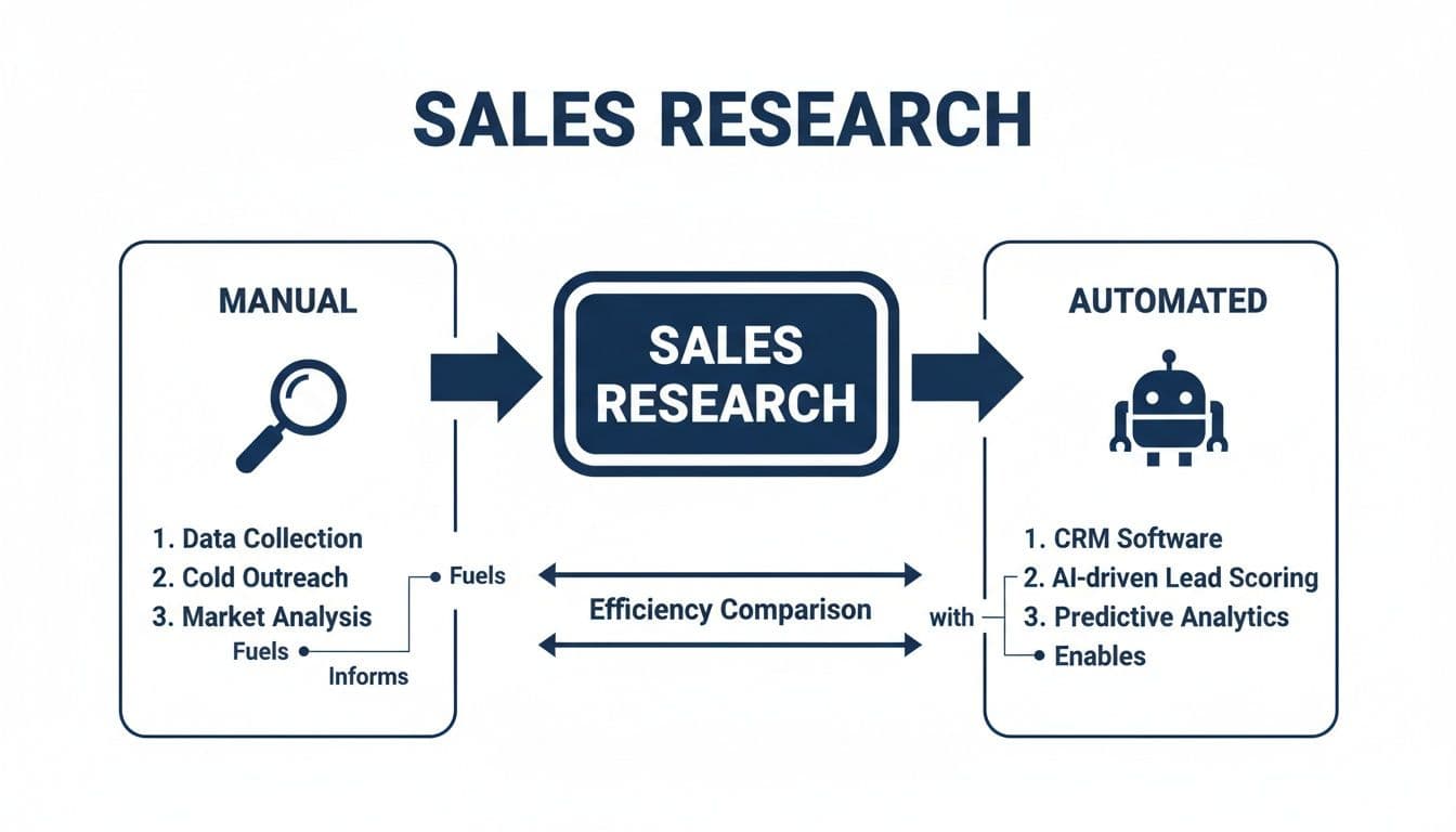 A diagram comparing manual and automated sales research methods, listing their key components.