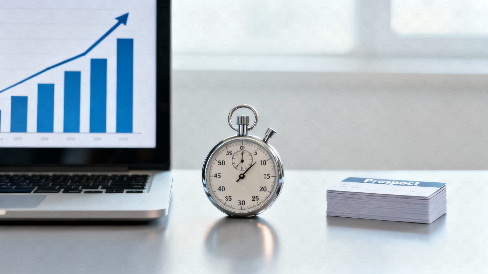 Laptop displaying a sales growth chart, stopwatch, and a stack of 'Prospect' cards on a desk.
