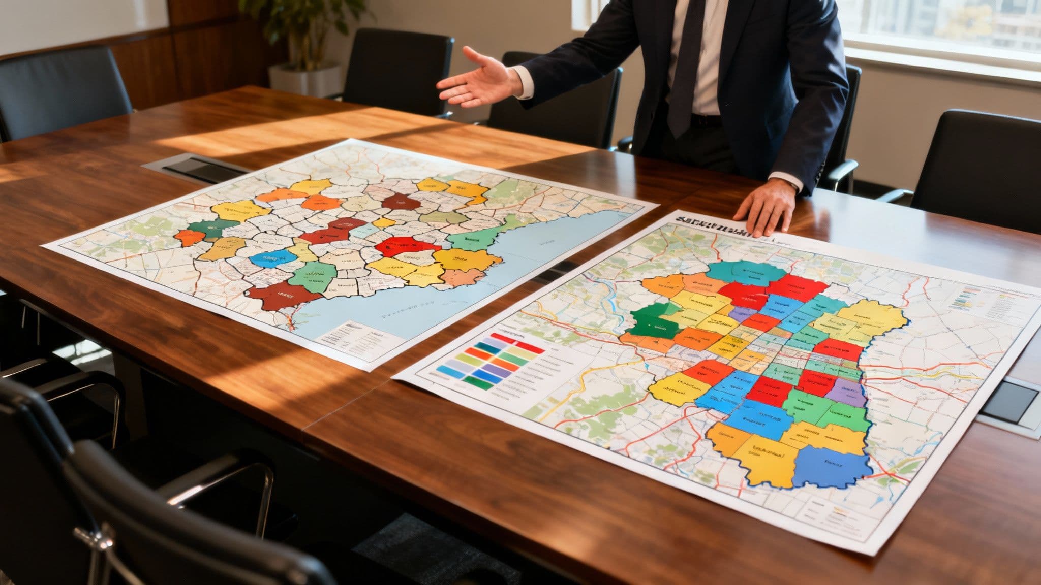 A team collaborating around a map, symbolizing strategic sales territory management