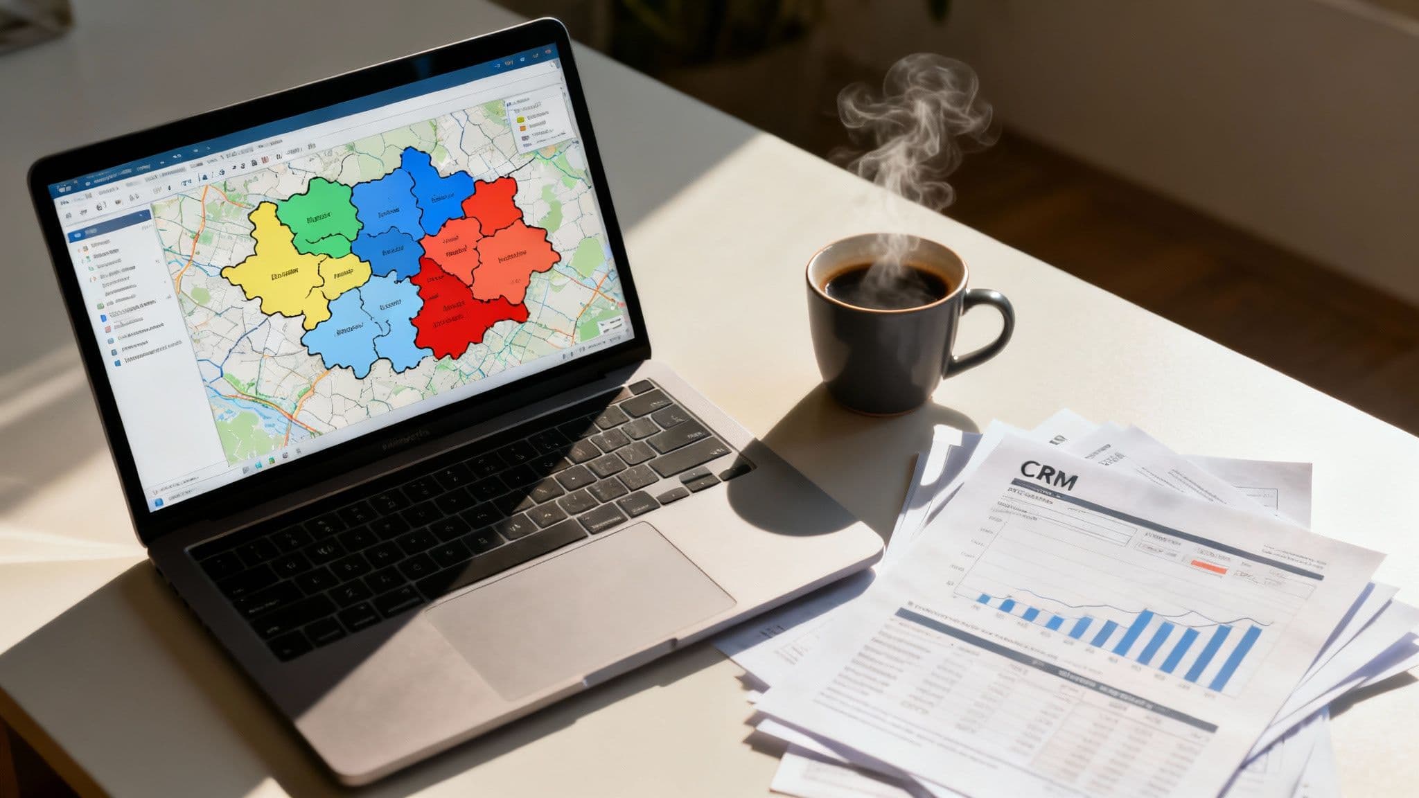 A person at a desk strategically designing sales territories on a large screen