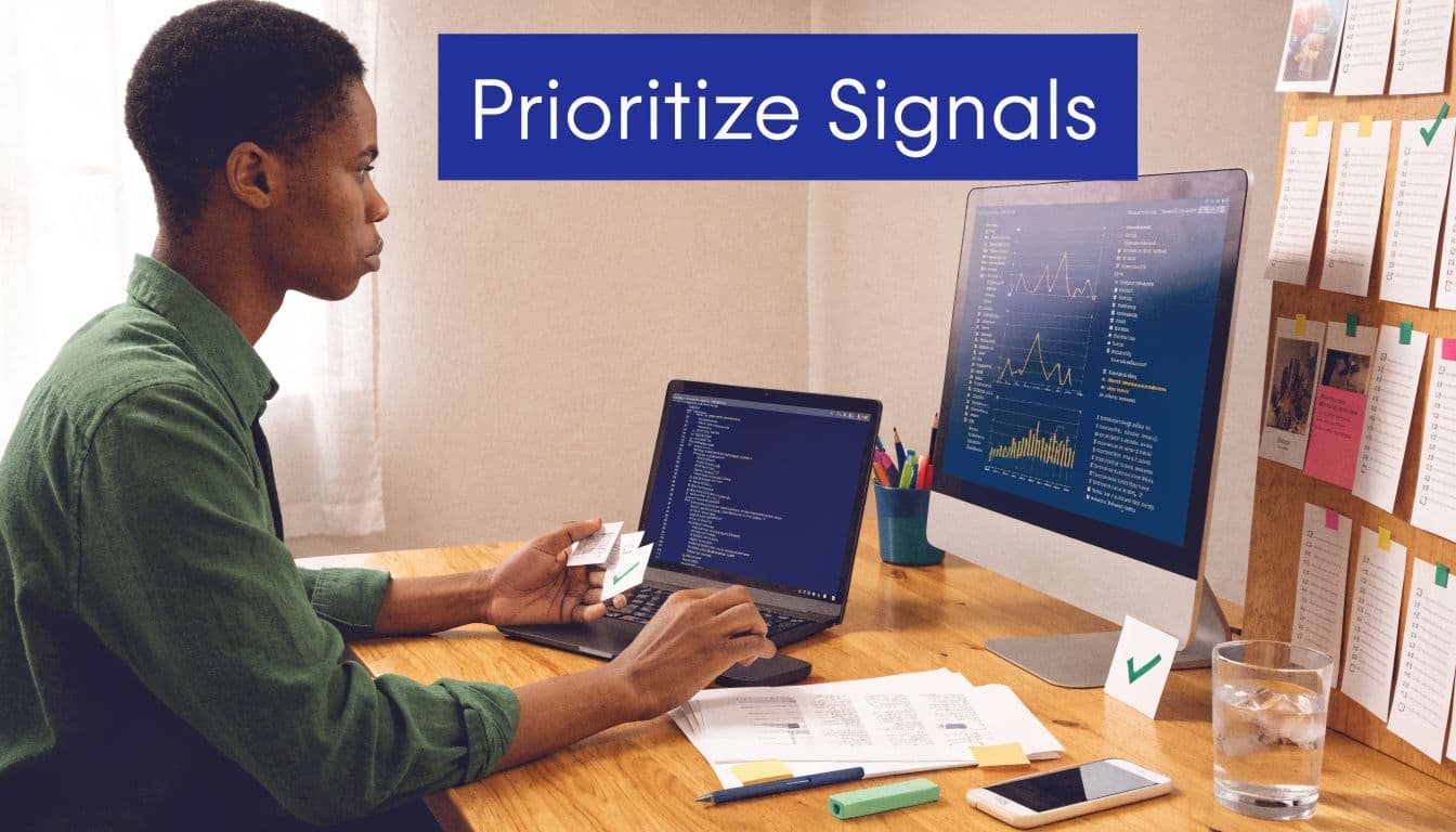 A professional analyzing data and code on multiple screens to identify important sales trigger events.