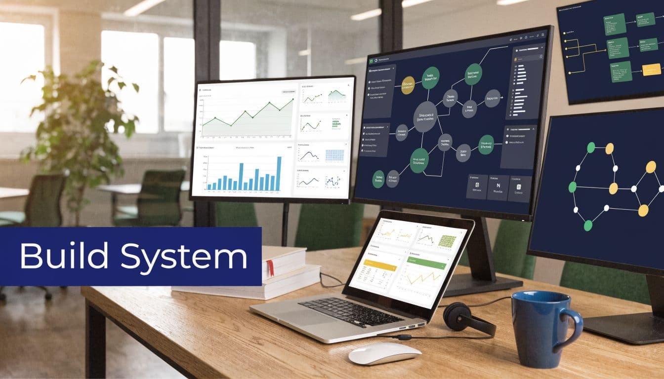 A modern workspace with multiple monitors displaying data visualizations, graphs, and network diagrams for a build system.