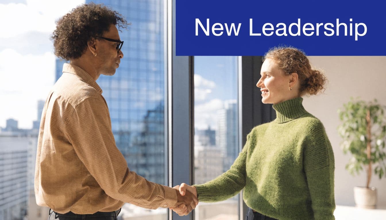 A professional man and woman shaking hands in a modern office with a city view background.