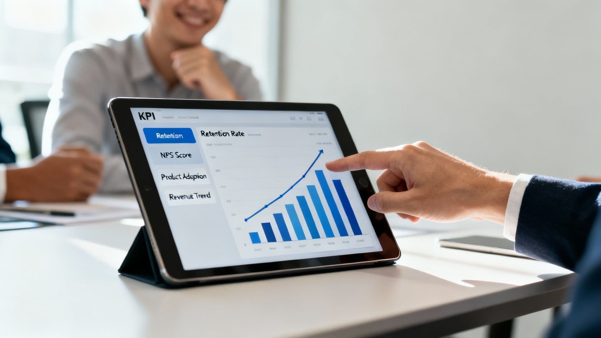 A hand points at a tablet displaying a rising retention rate chart during a business meeting.