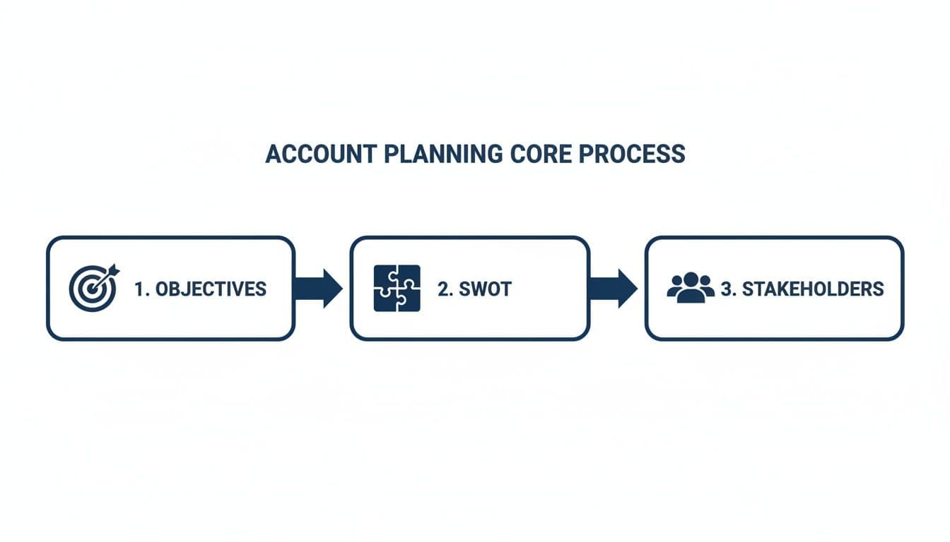 A three-step account planning core process flow chart with objectives, SWOT analysis, and stakeholders.