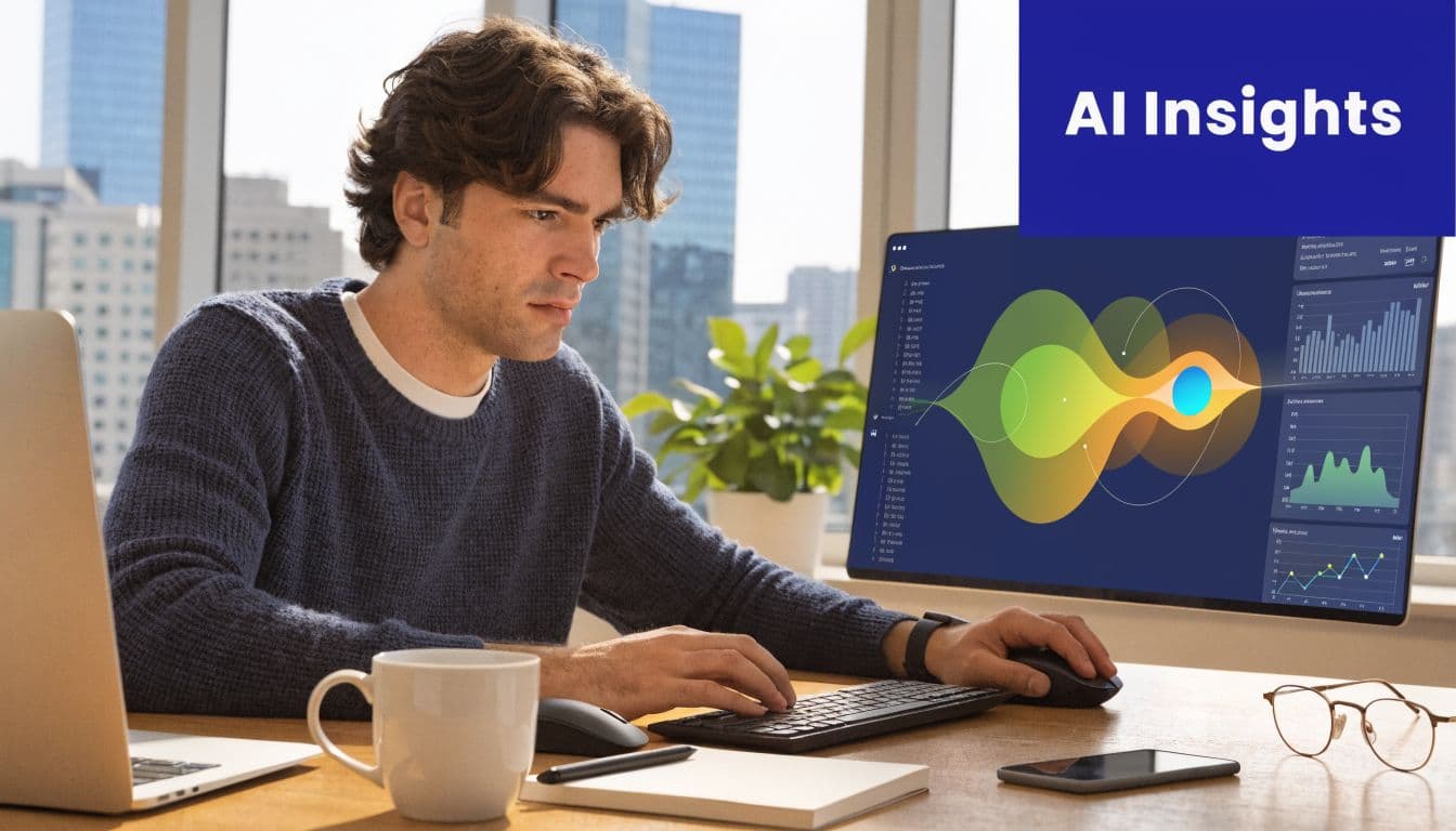 A professional man sitting at an office desk while working on a computer featuring data analytics visualization.