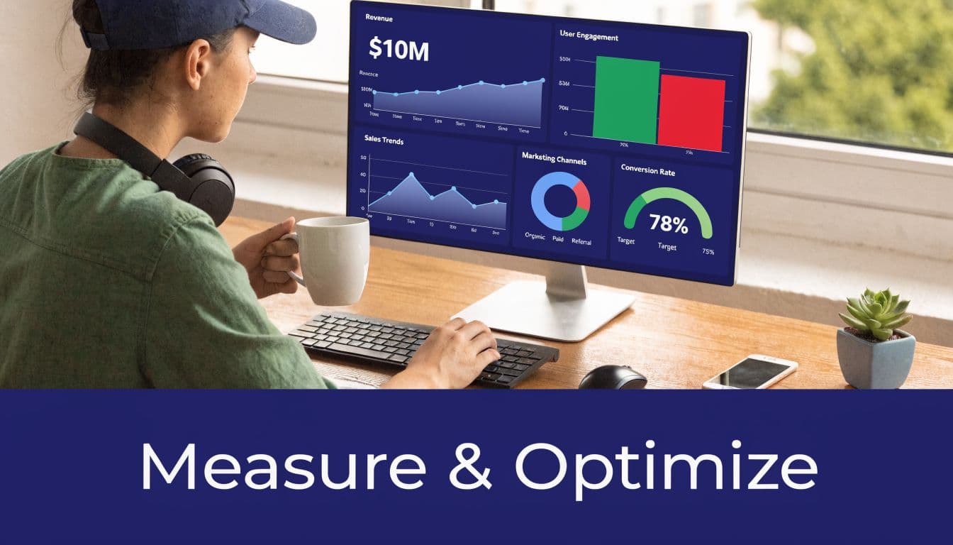 A person working at a desk with a monitor displaying business performance analytics and data dashboards.
