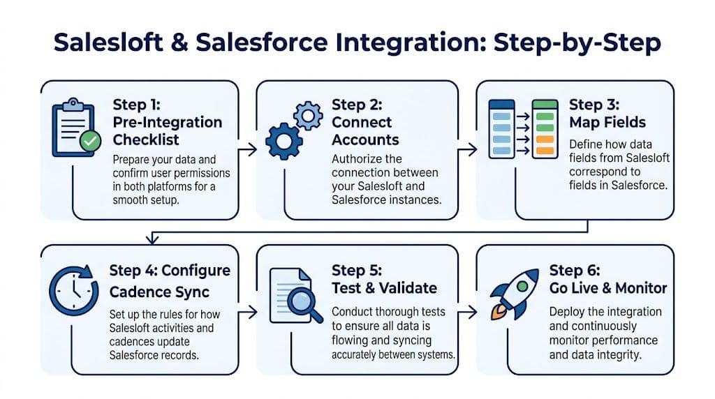 A six-step infographic illustrating the integration process between Salesloft and Salesforce platforms for data synchronization.