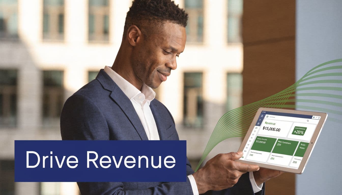 A professional man holding a digital tablet displaying sales dashboard data with the text Drive Revenue.