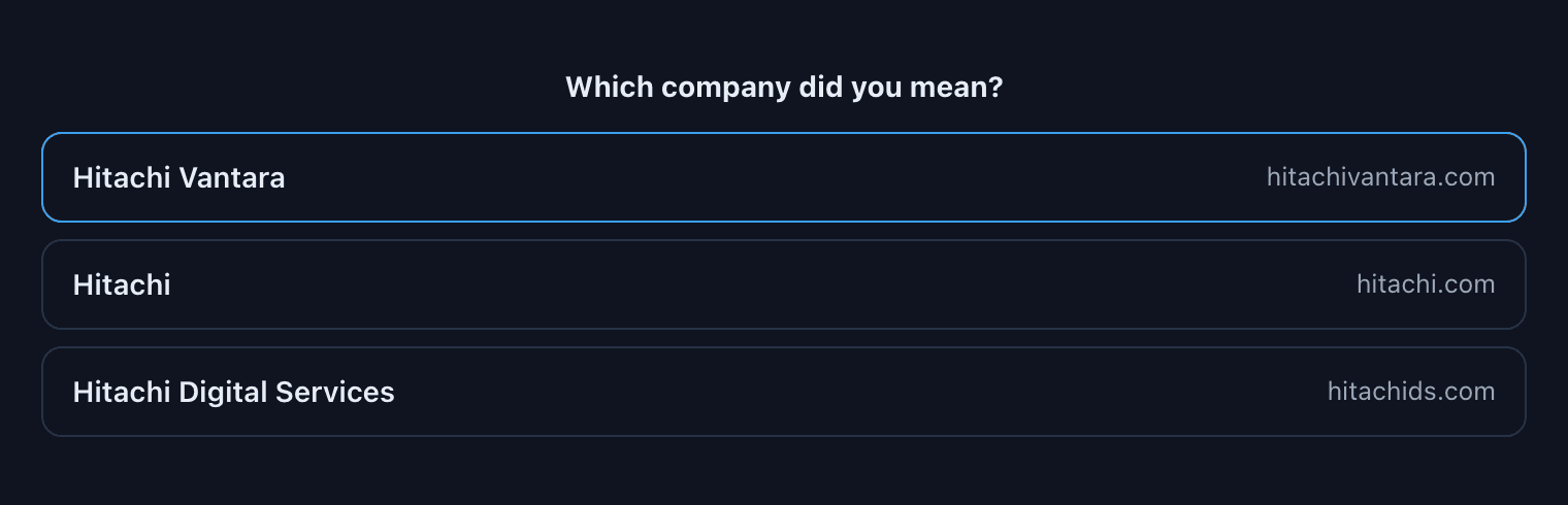 The account card asking which company was meant, listing Hitachi Vantara, Hitachi, and Hitachi Digital Services