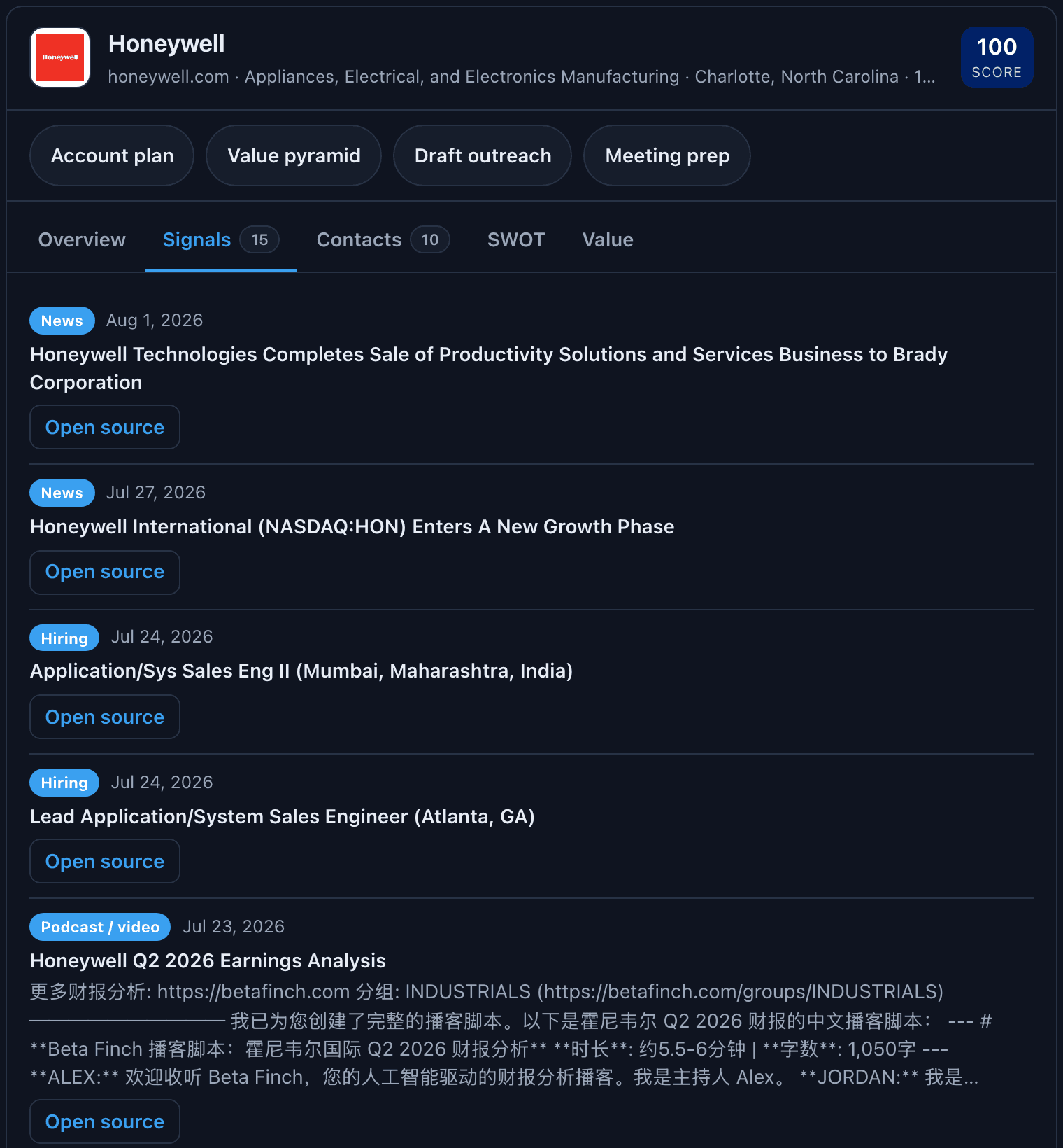 The Signals tab of the account card: earnings calls, news, and filings for Honeywell with dates and Open source buttons