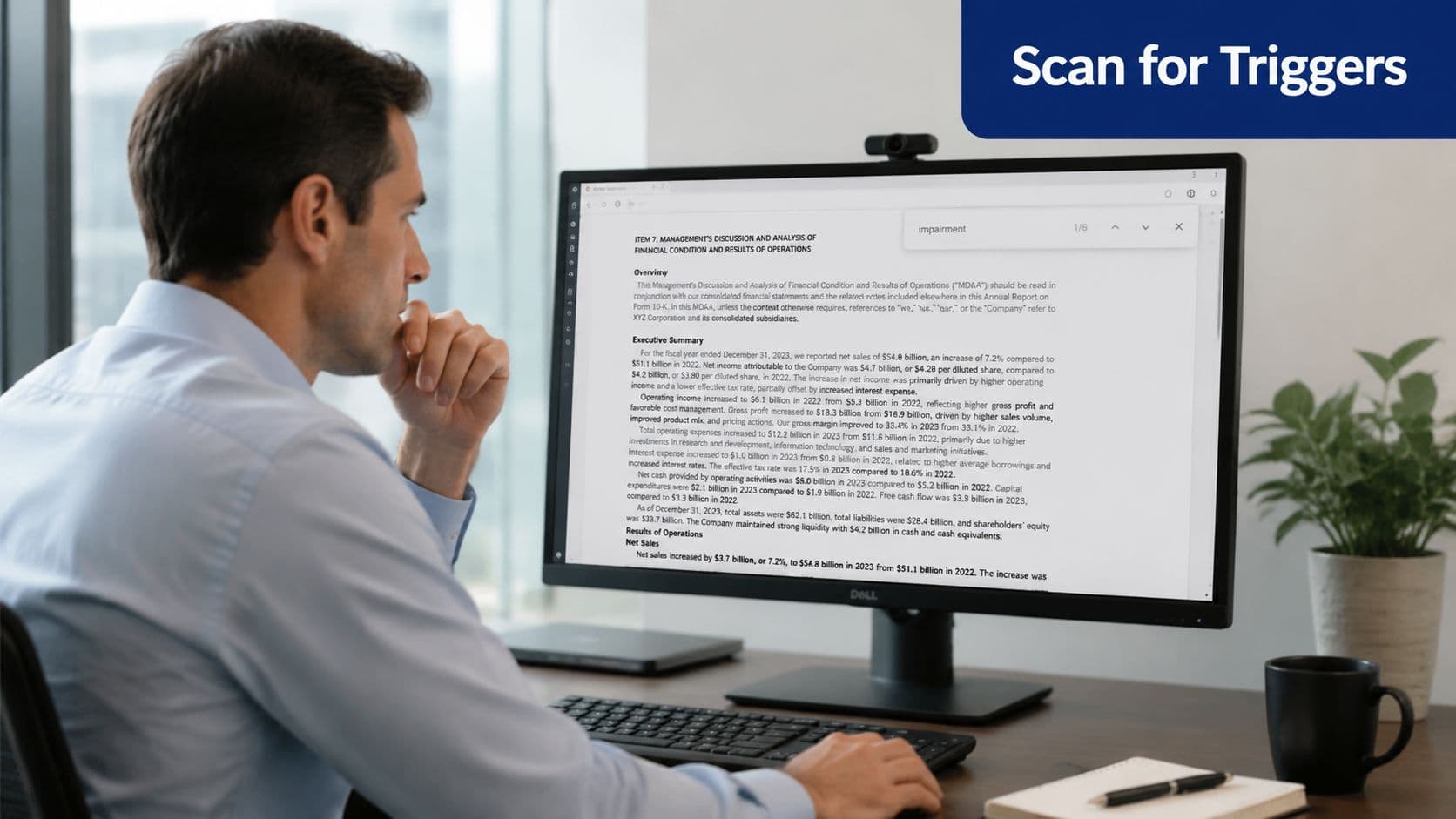A professional man reviewing corporate financial documents on a computer screen in a bright modern office.