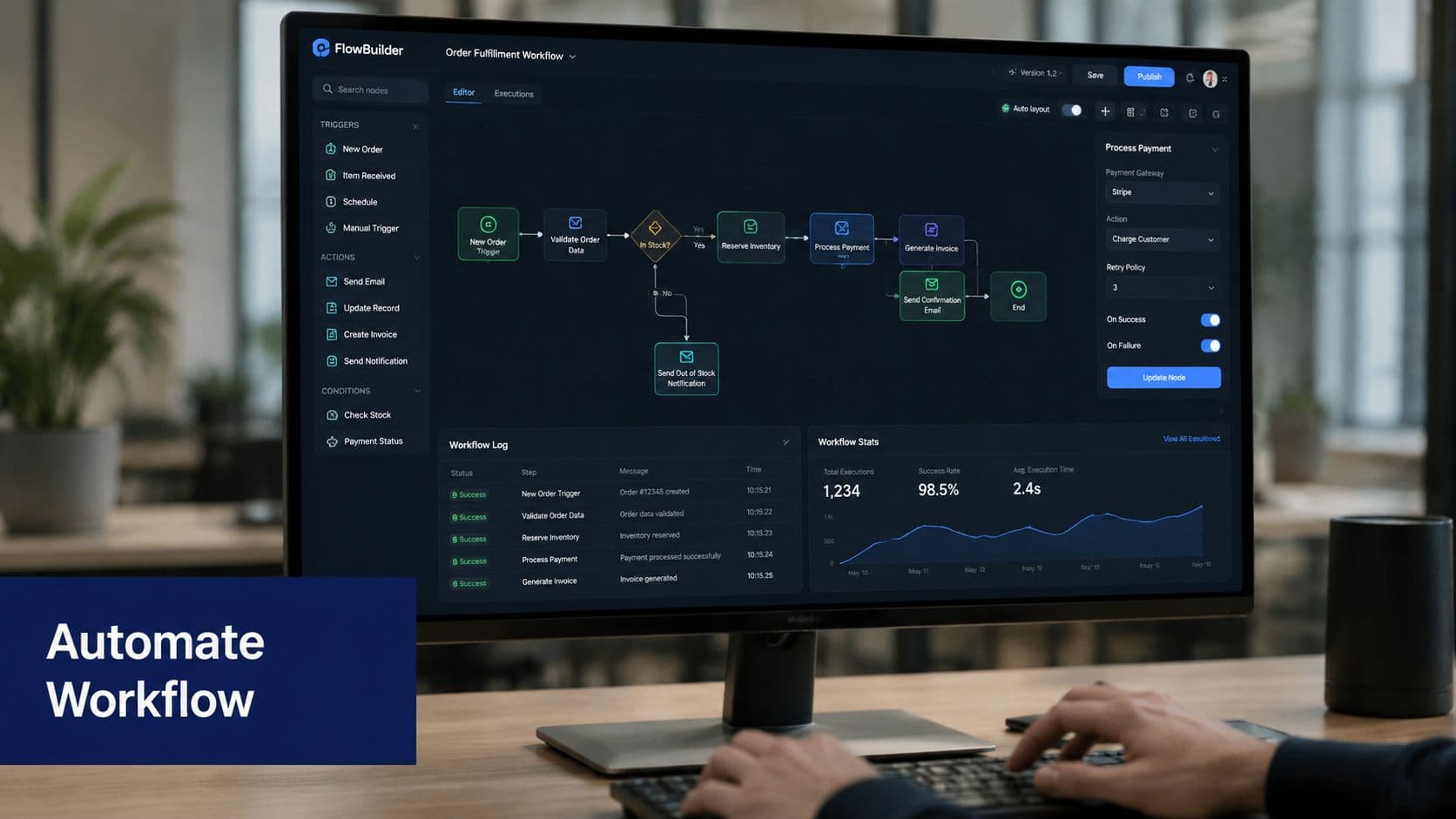 A computer monitor displaying a professional automated workflow builder interface for managing business processes and operations.