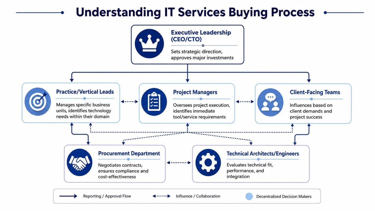 A diagram illustrating the organizational roles and decision-making flow within the IT services buying process.